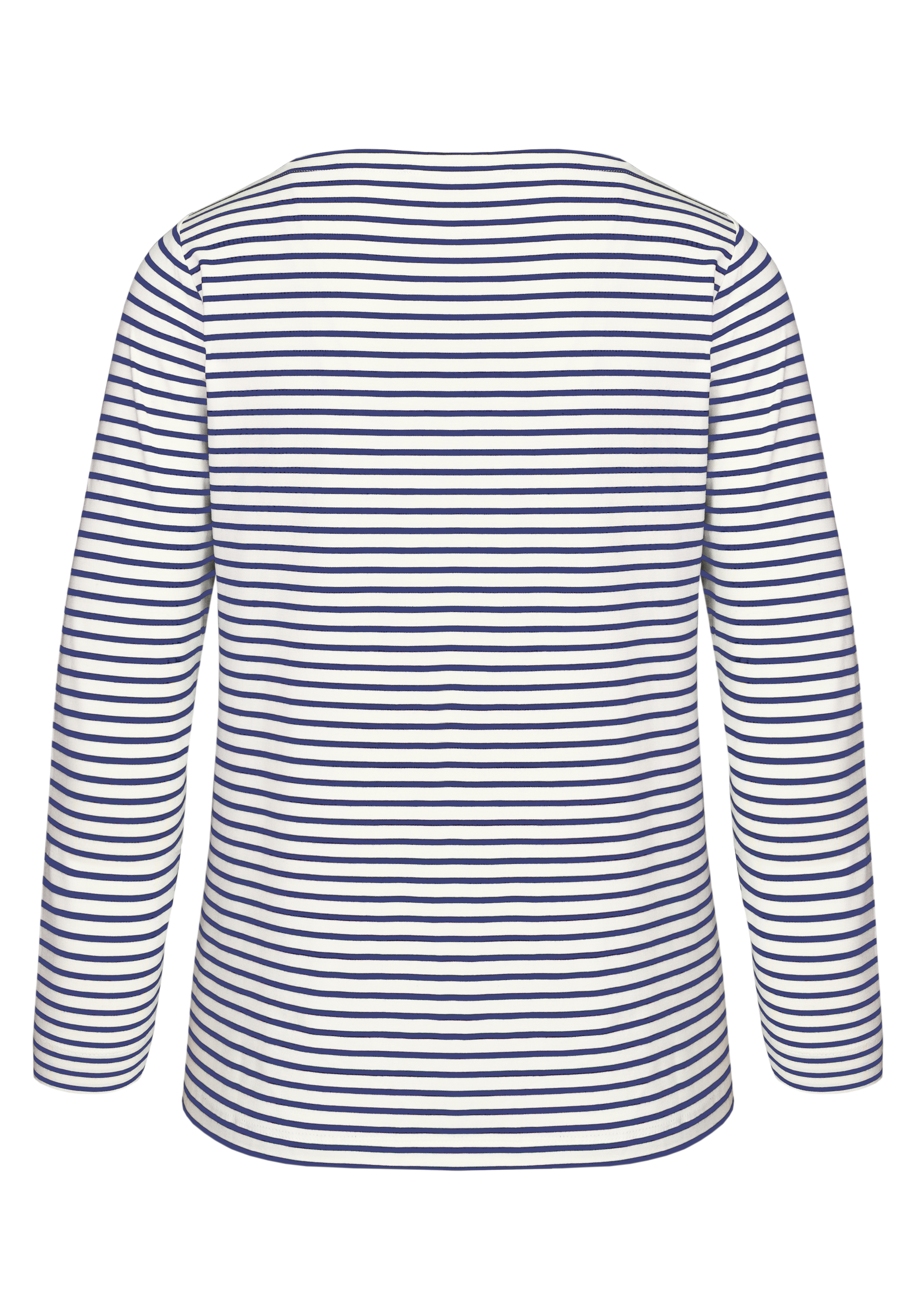 Ein langärmeliges Hemd mit horizontalen marineblauen und weißen Streifen, von hinten auf einem einfarbig weißen Hintergrund dargestellt.