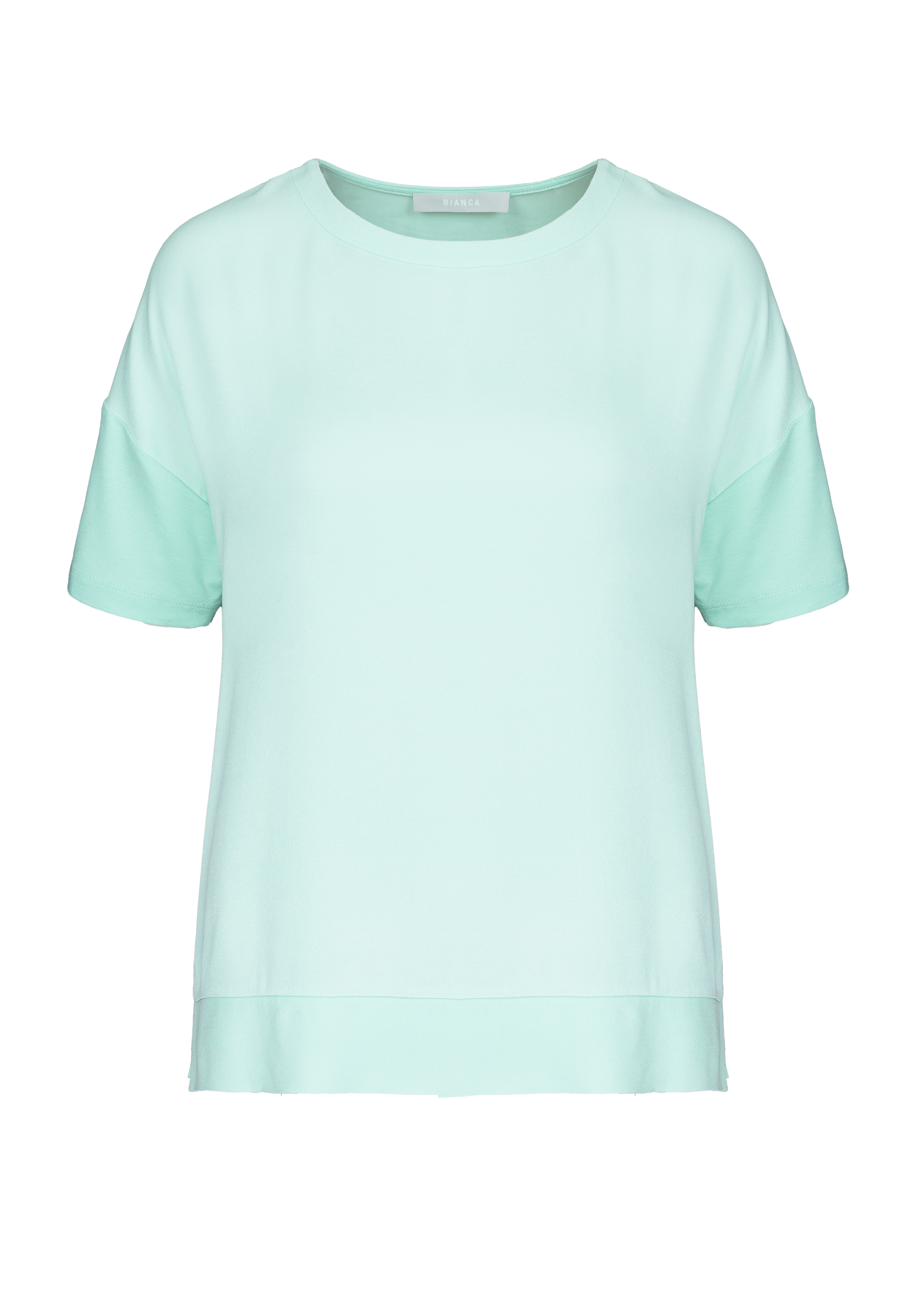 Ein schlichtes, kurzärmliges, mintgrünes T-Shirt mit rundem Ausschnitt, lockerer Passform und minimalen Details auf weißem Hintergrund.