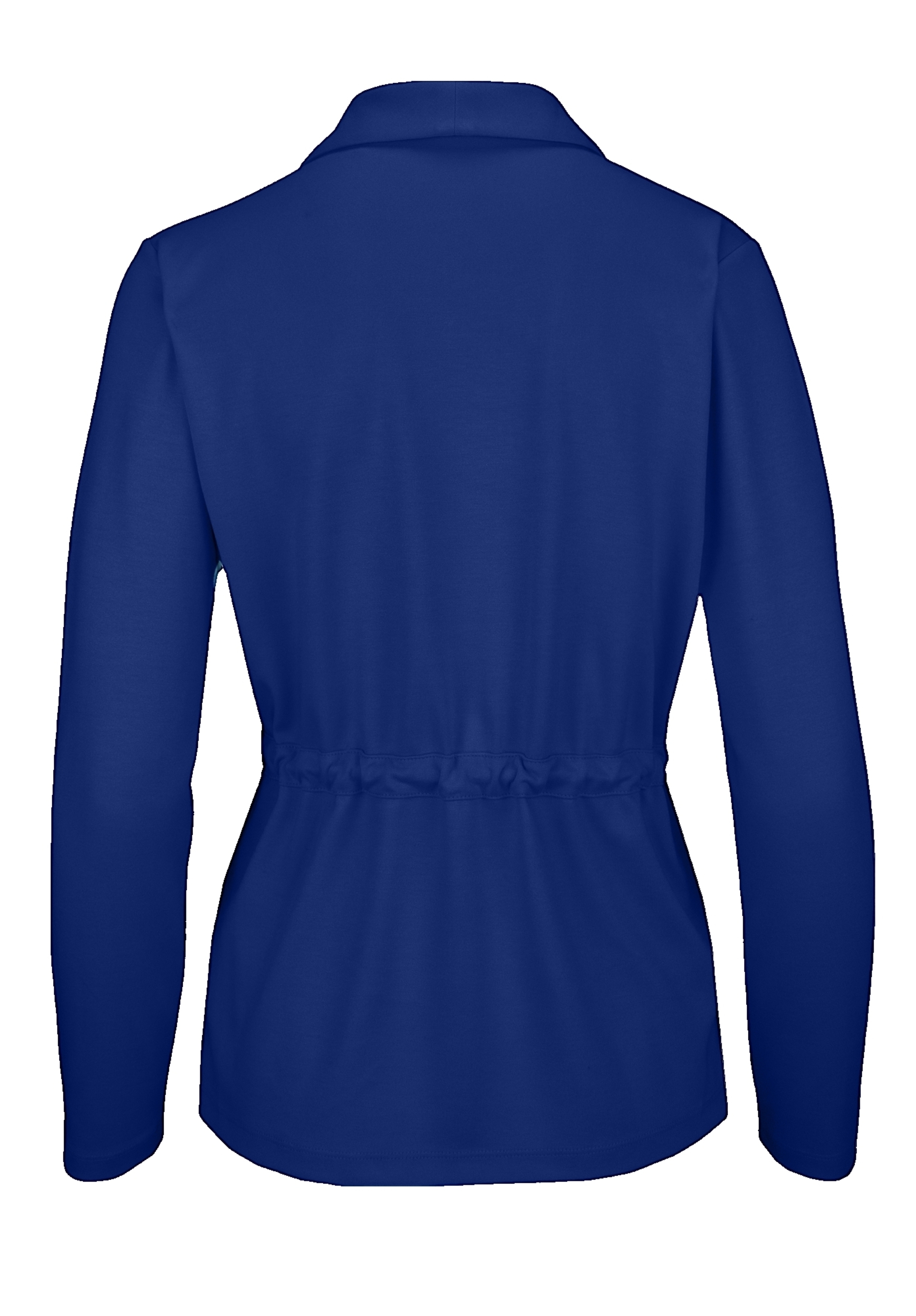 Rückansicht einer langärmeligen, königsblauen Jacke mit Kragen und tailliertem Detail. Das Kleidungsstück wirkt tailliert und ist auf einem schlichten weißen Hintergrund abgebildet.