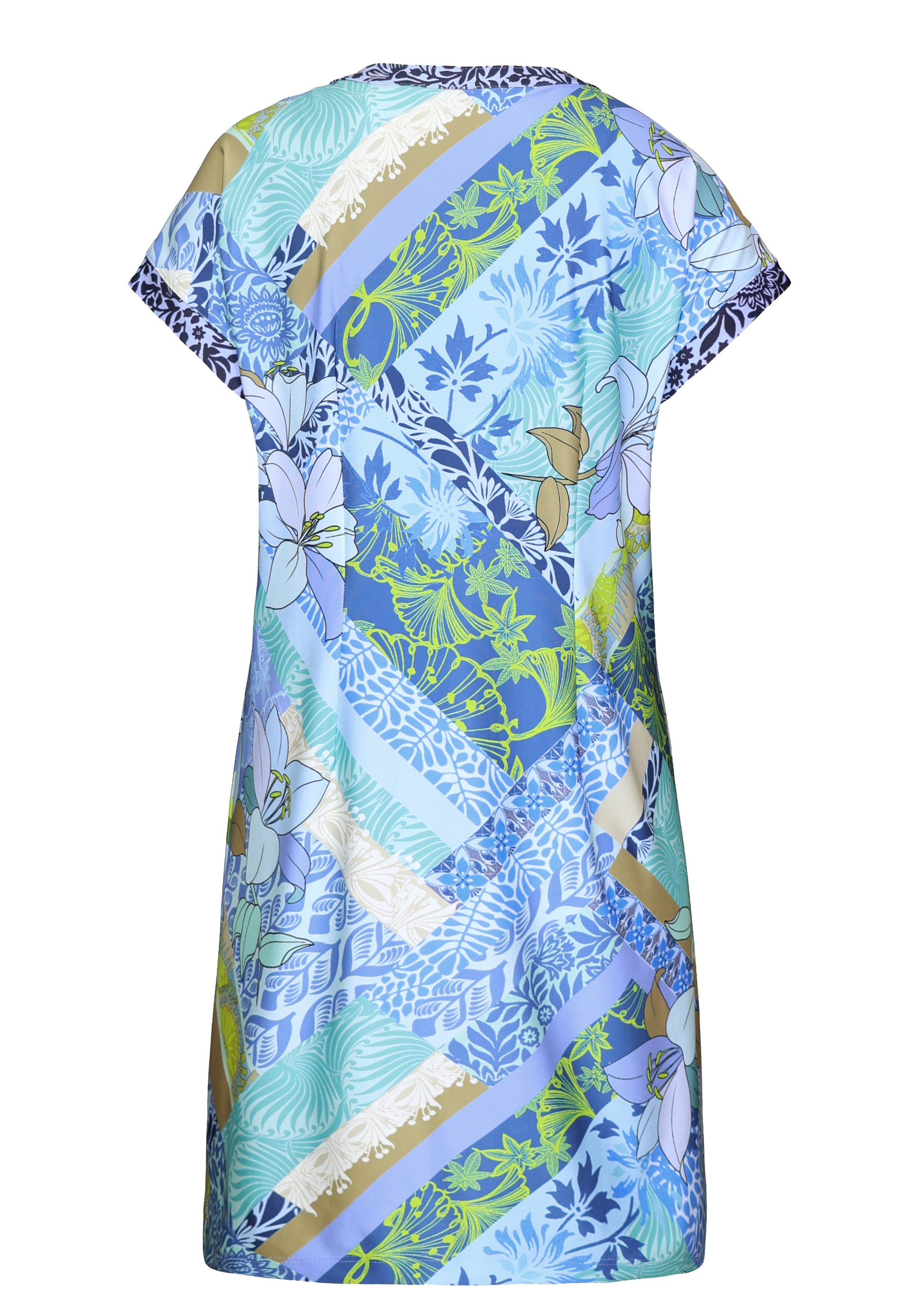 Ein kurzärmeliges Kleid mit einer Mischung aus blauen, grünen, weißen und beigen Diagonalstreifen und Blumenmustern. Das Kleid hat eine gerade, lockere Passform und einen Rundhalsausschnitt, von hinten gesehen.