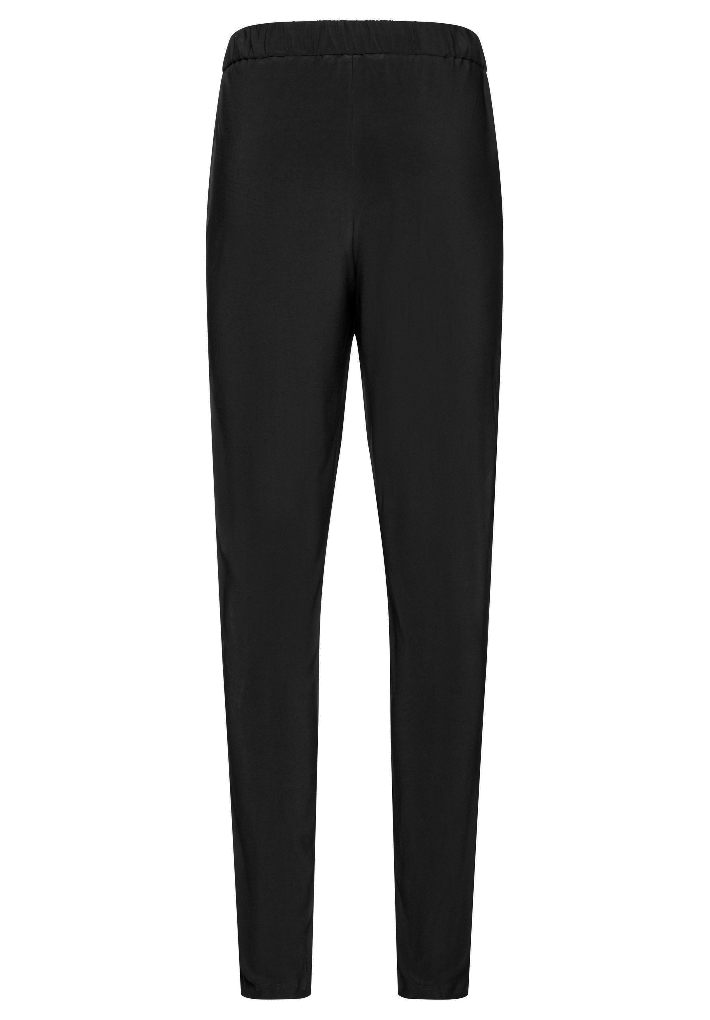 Schwarze Hose mit elastischem Bund, von hinten gesehen. Die Hose hat ein schmales, gerade geschnittenes Bein und keine sichtbaren Taschen oder Verzierungen. Der Stoff erscheint glatt und leicht dehnbar.