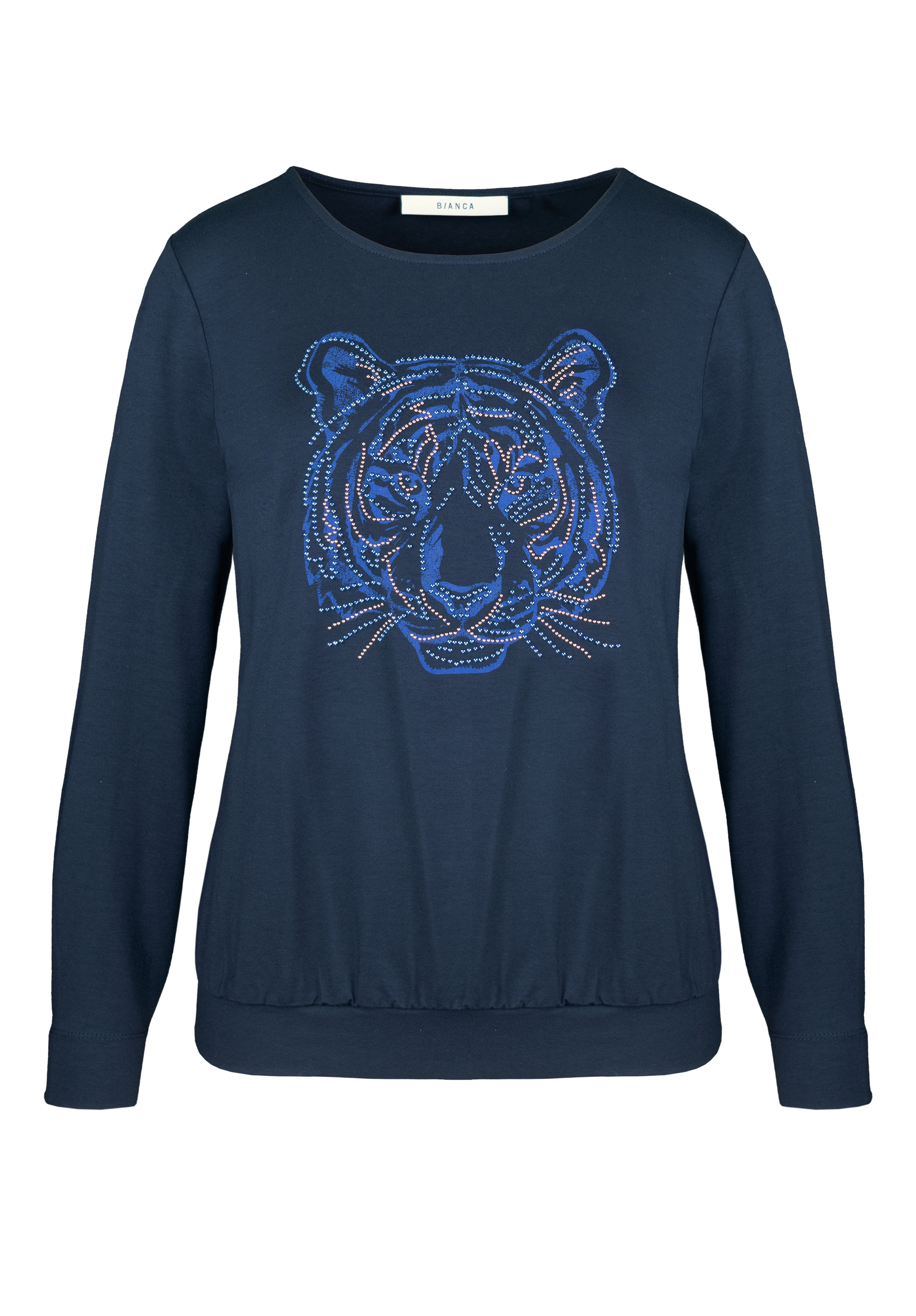 Marineblaues Langarm-Sweatshirt mit einem stilisierten, umrandeten Tigergesicht in blauen und orangenen Linien auf der Vorderseite. Das Sweatshirt hat einen Rundhalsausschnitt und eine lockere Passform.