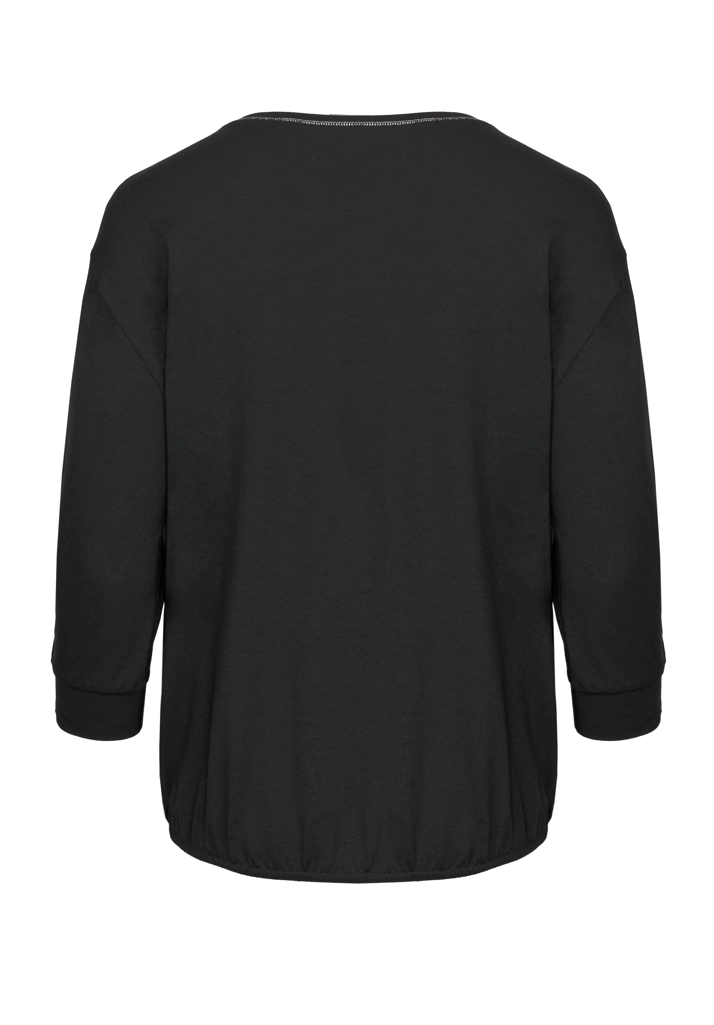 Rückansicht eines schlichten schwarzen Langarmshirts mit lockerer Passform, elastischem Bund und einfachem Rundhalsausschnitt.