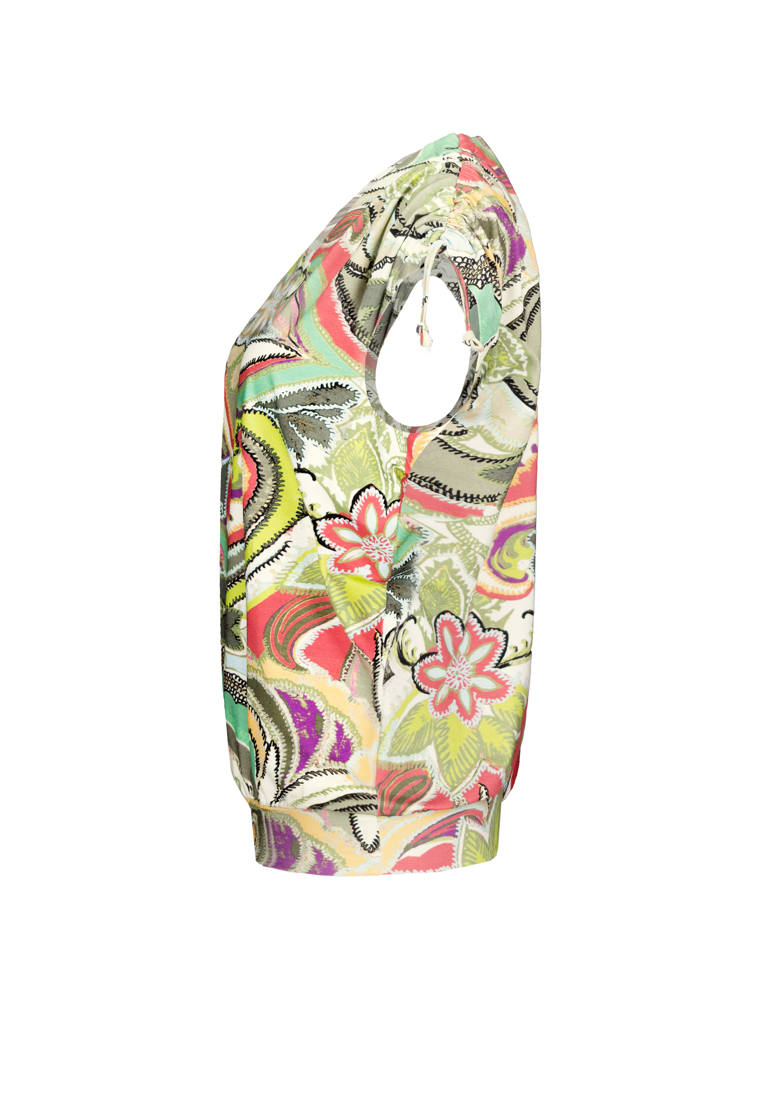 Seitenansicht einer ärmellosen Bluse mit einem farbenfrohen, abstrakten Blumenmuster in Grün, Rosa, Gelb und Schwarz auf hellem Hintergrund. Der Stoff wirkt leicht und weich und hat eine lockere, entspannte Passform.