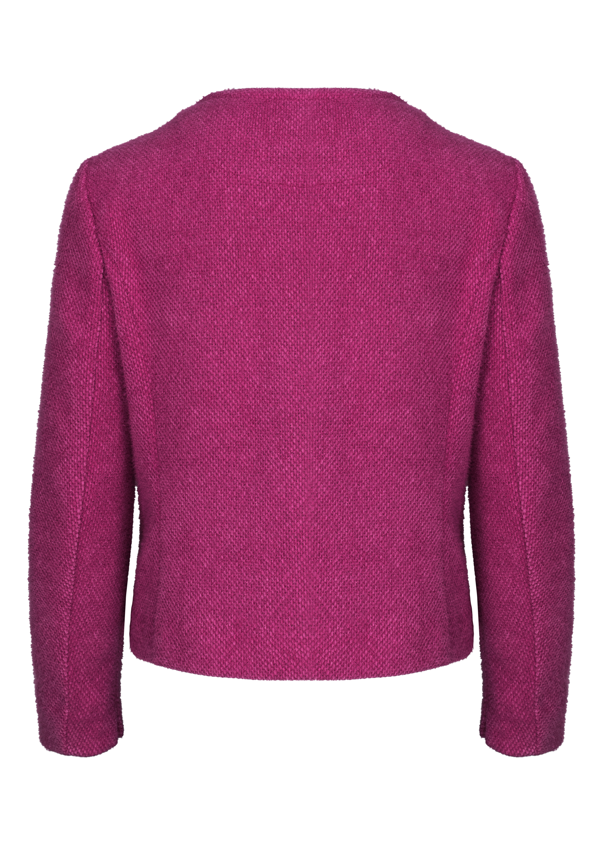 Ein magentafarbener Wollblazer von hinten, mit schlichtem Design, langen Ärmeln und geradem Saum.