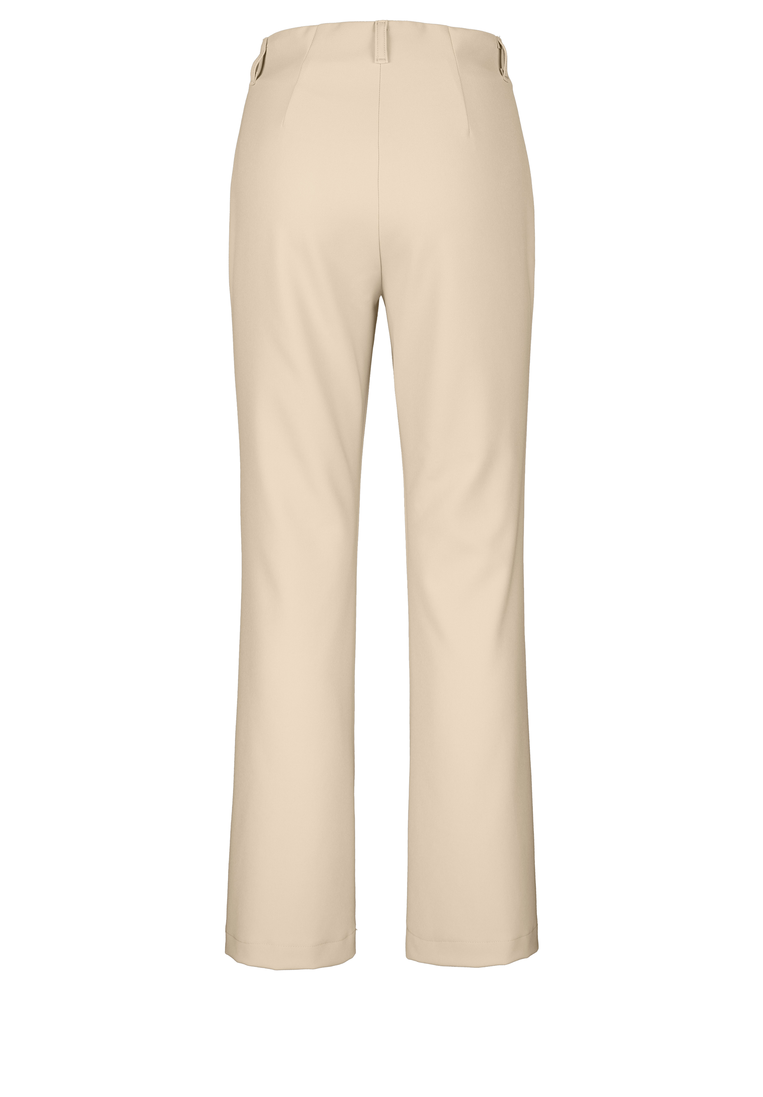 Beige Anzughose von hinten gezeigt, mit Gürtelschlaufen, ohne sichtbare Taschen und geradem Bein auf schlichtem weißem Hintergrund.
