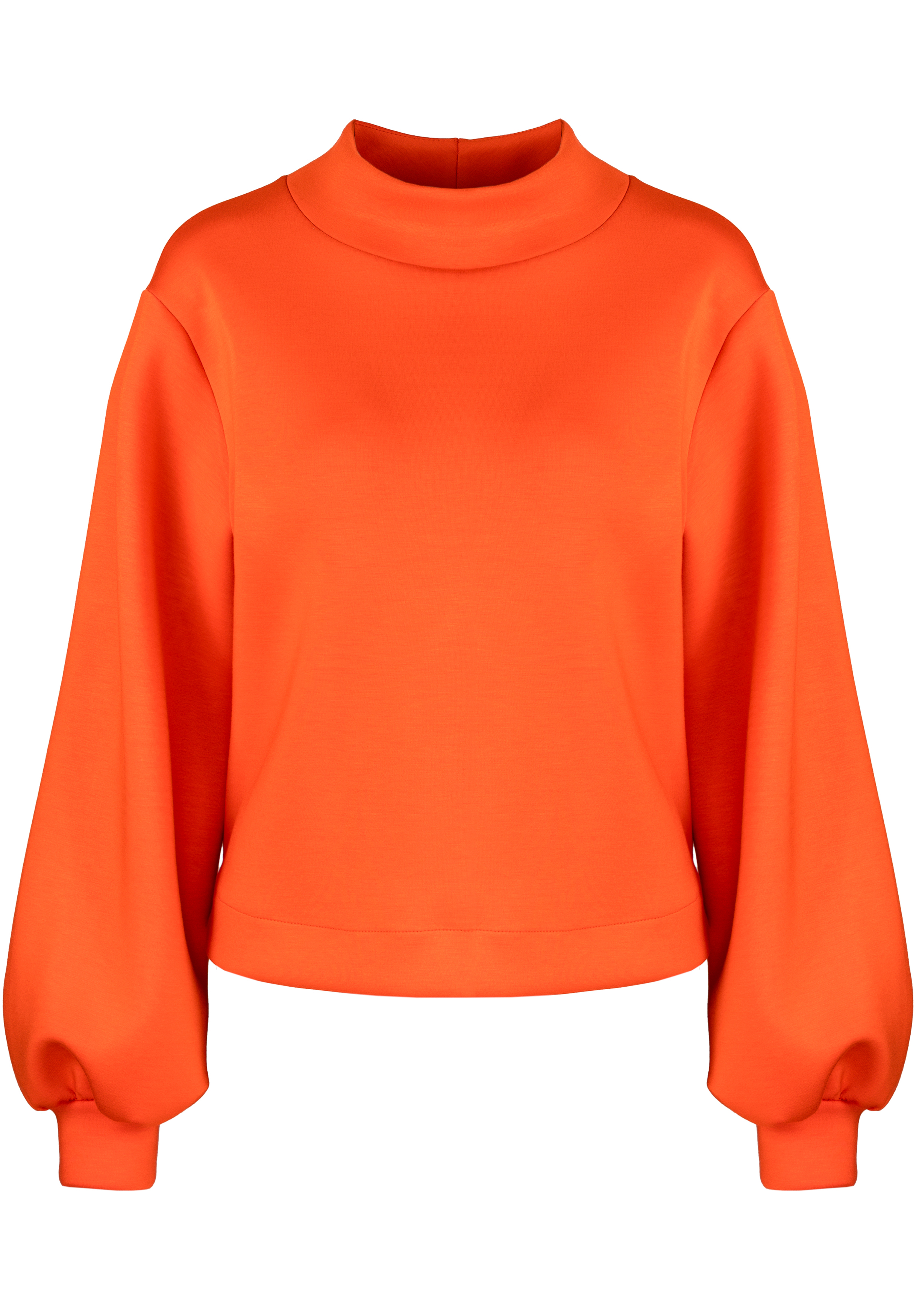 Ein leuchtend orangefarbenes, langärmeliges Sweatshirt mit hohem, rundem Ausschnitt und lockeren, ballonartigen Ärmeln. Das Design ist einfach und schnörkellos, mit einer entspannten, verkürzten Passform.