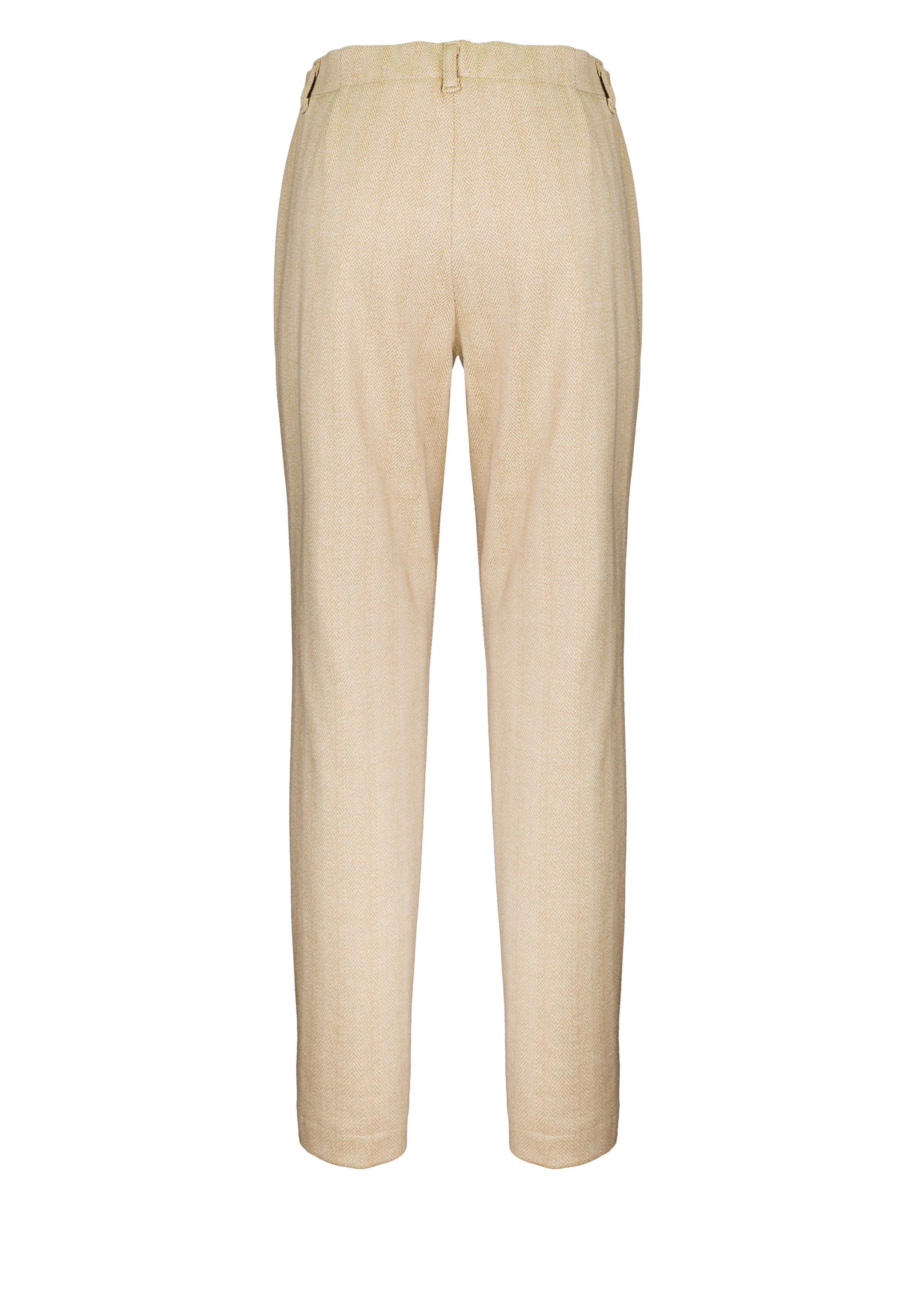 Rückansicht einer beigen Anzughose mit Gürtelschlaufen und geradem Bein, dargestellt auf weißem Hintergrund.