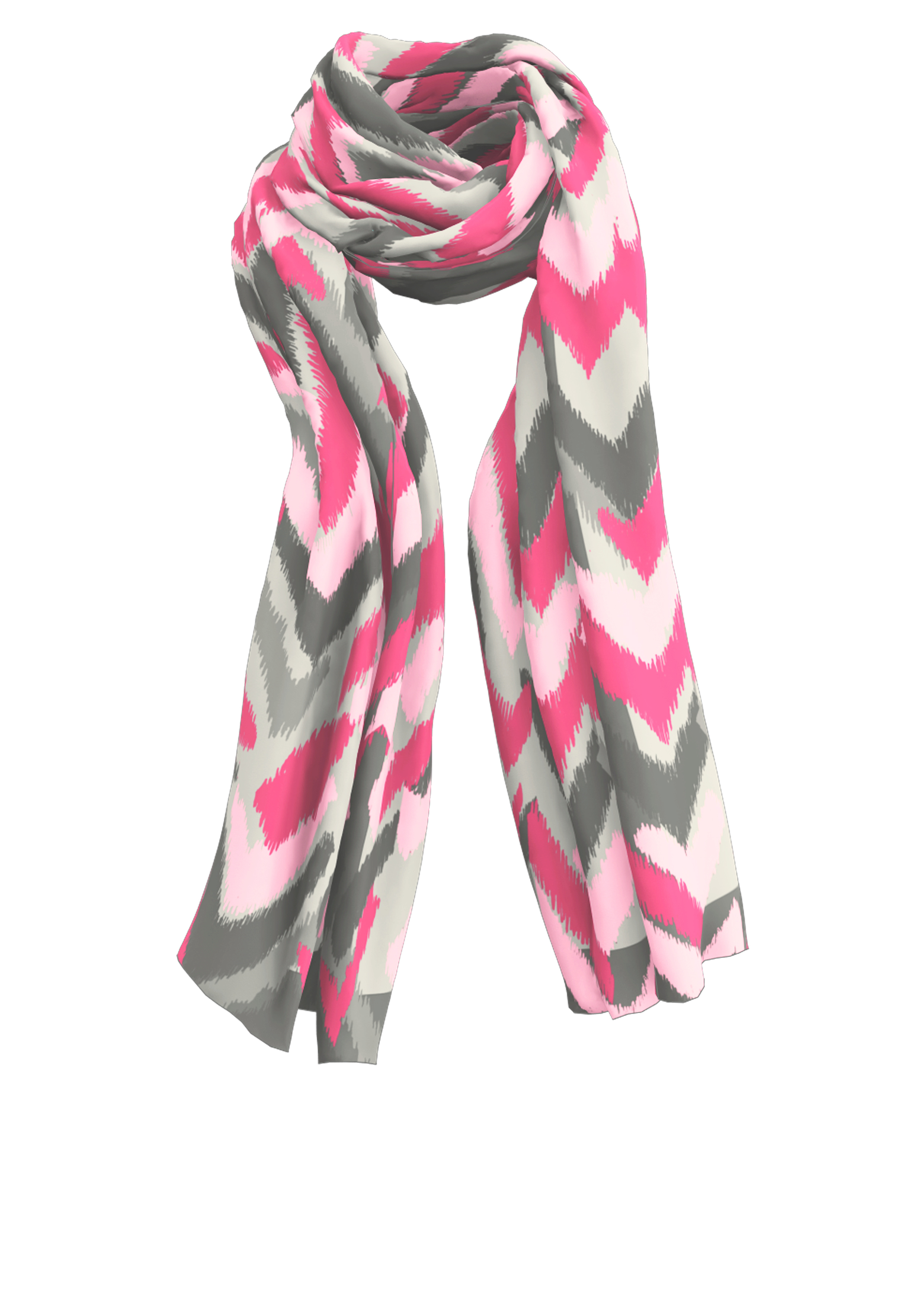 Ein langer Schal mit einem rosa, weißen und grauen Chevron-Muster auf weißem Hintergrund. Der Schal ist locker in einer Schleife drapiert.