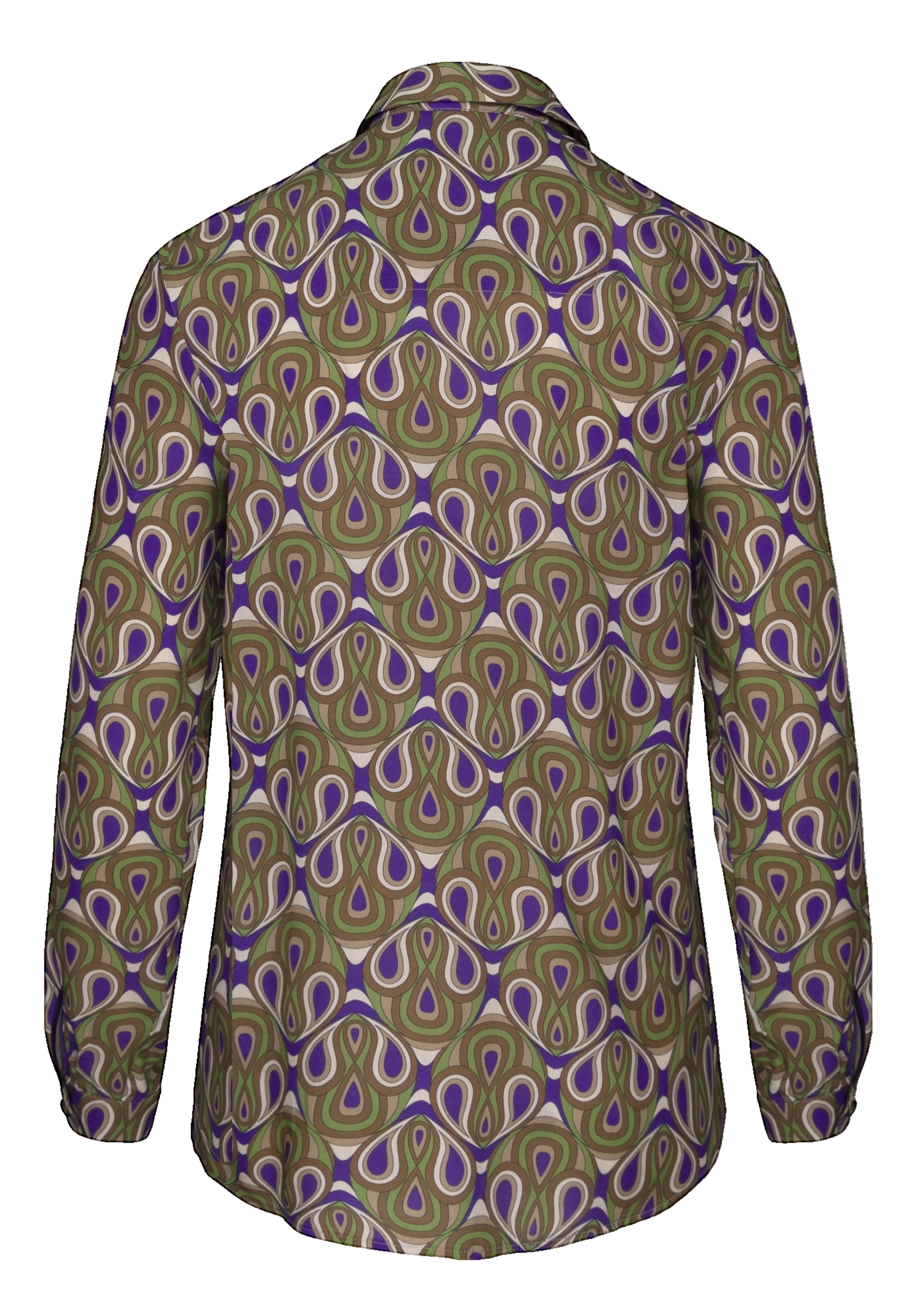 Ein langärmeliges Hemd mit Knopfleiste und geometrischem Retro-Muster in Grün, Lila und Beige (Rückansicht). Das Design zeichnet sich durch sich wiederholende Tropfen- und Schleifenformen aus.