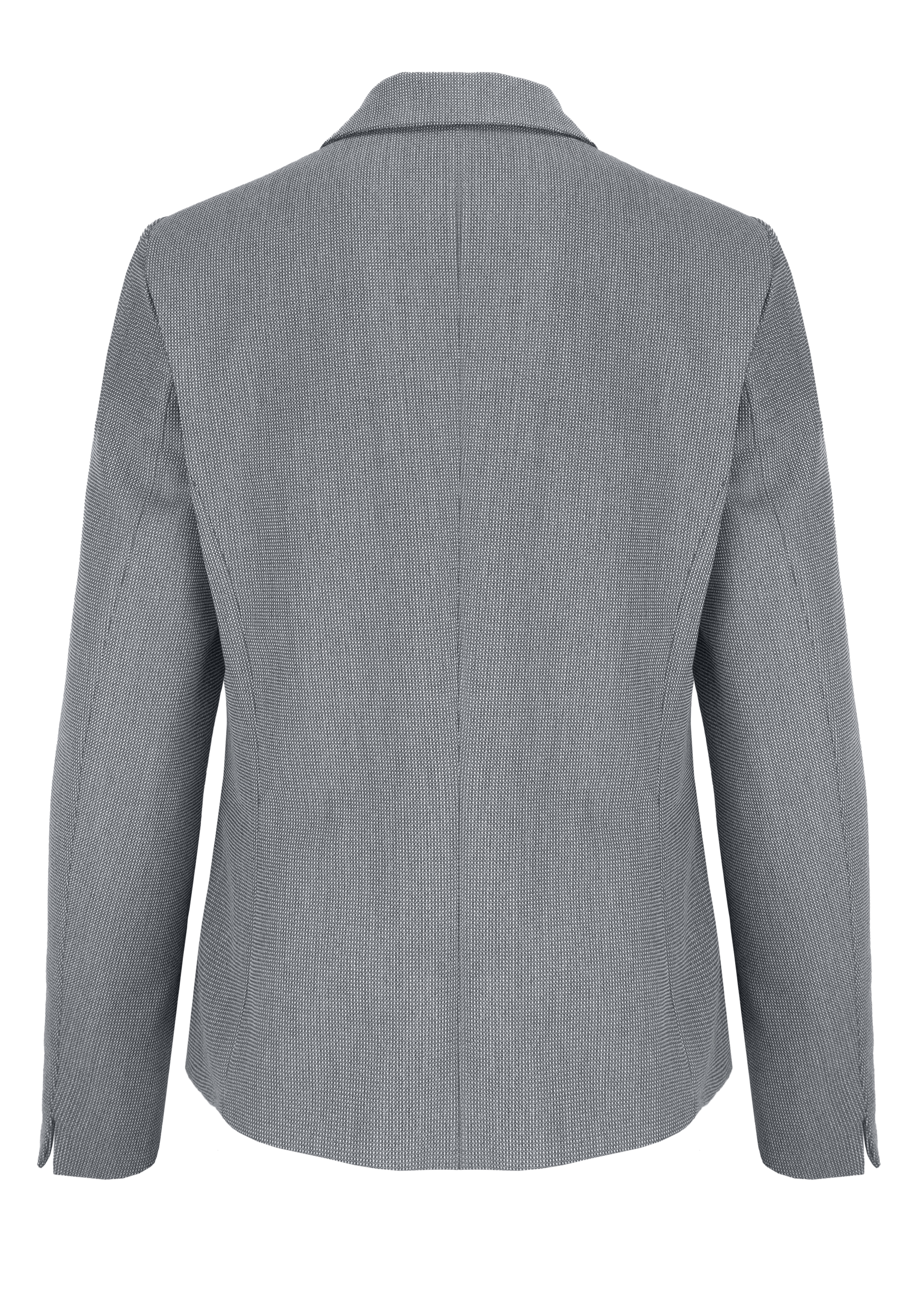 Grauer Blazer von hinten gesehen mit langen Ärmeln, gekerbtem Kragen und geradem Saum. Der Stoff hat eine dezente Textur und keine sichtbaren Knöpfe oder Verzierungen.