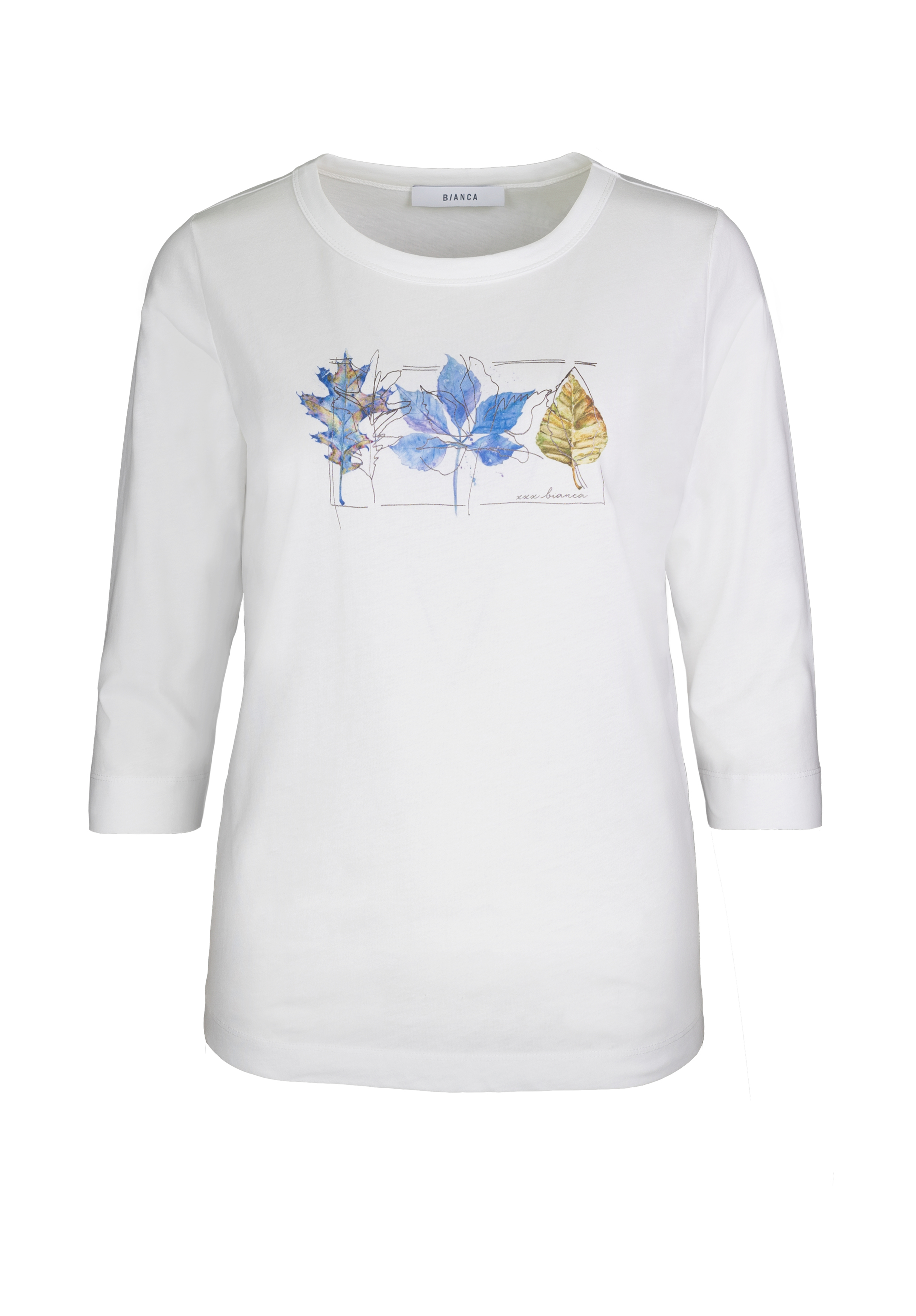 Weißes Langarmshirt mit einem Design aus drei Blättern in blauem und gelbem Aquarellstil auf der Brust. Das Shirt hat einen Rundhalsausschnitt und eine lockere Passform.