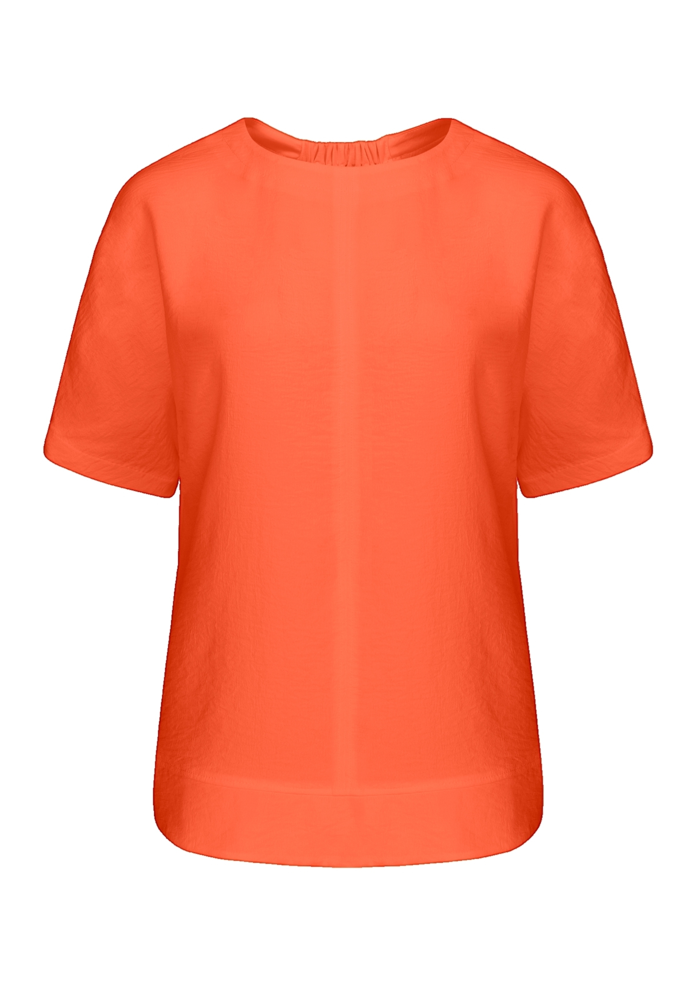 Eine schlichte, kurzärmelige, leuchtend orange Damenbluse mit rundem Ausschnitt und lockerer Passform, präsentiert auf weißem Hintergrund.