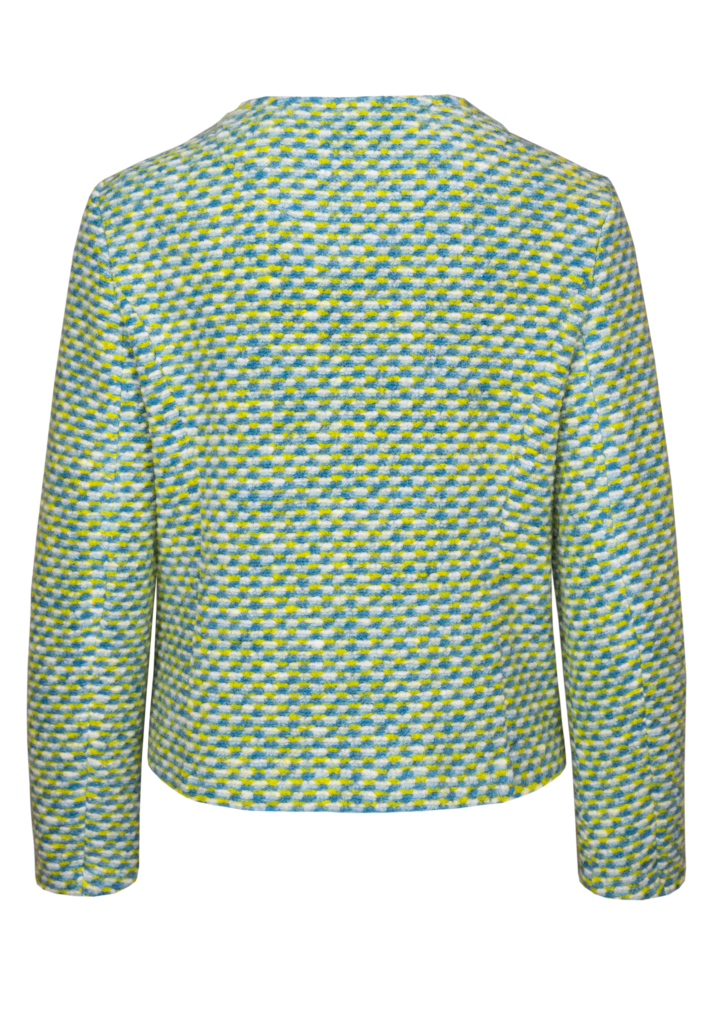 Rückansicht einer langärmeligen, kurzen Jacke mit einem strukturierten, geometrischen Muster in Grün-, Blau- und Weißtönen. Die Jacke hat keine sichtbaren Verschlüsse oder Verzierungen.