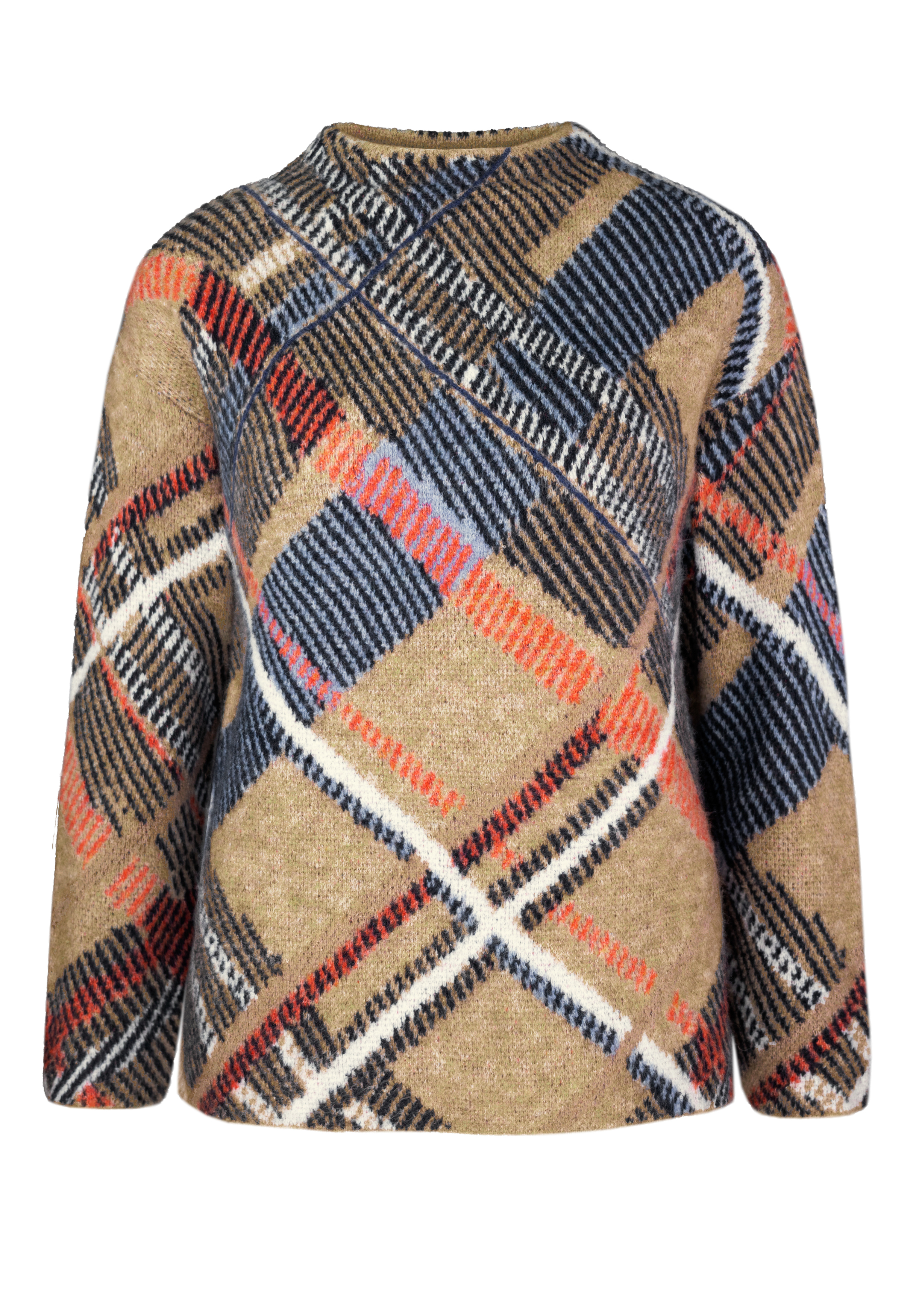 Ein langärmeliger Pullover mit einem auffälligen Karomuster in den Farben Hellbraun, Marineblau, Rot und Weiß auf einem schlichten weißen Hintergrund.