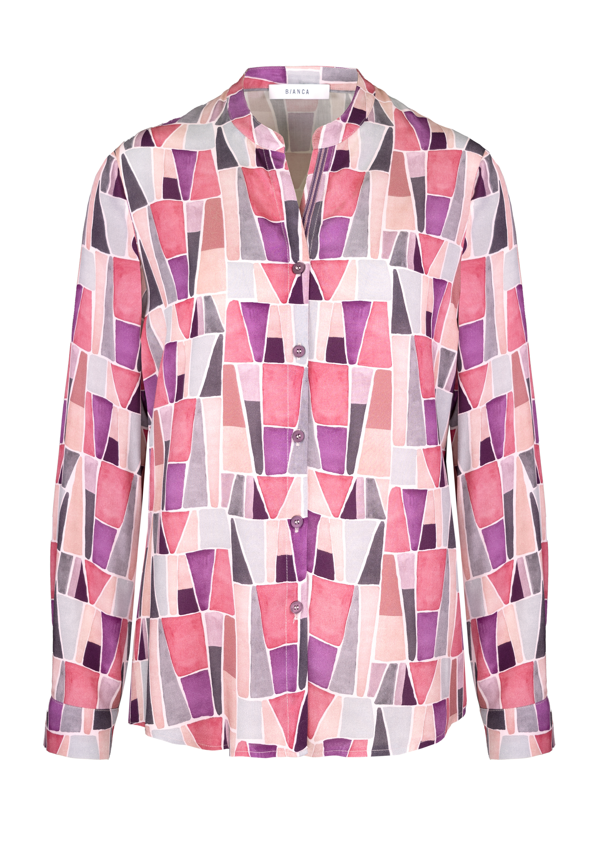 Langärmelige Bluse mit geometrischem Muster in Rosa-, Lila-, Rot-, Beige- und Grautönen. Die Bluse hat einen kragenlosen Ausschnitt, Knöpfe auf der Vorderseite und eine lockere Passform.
