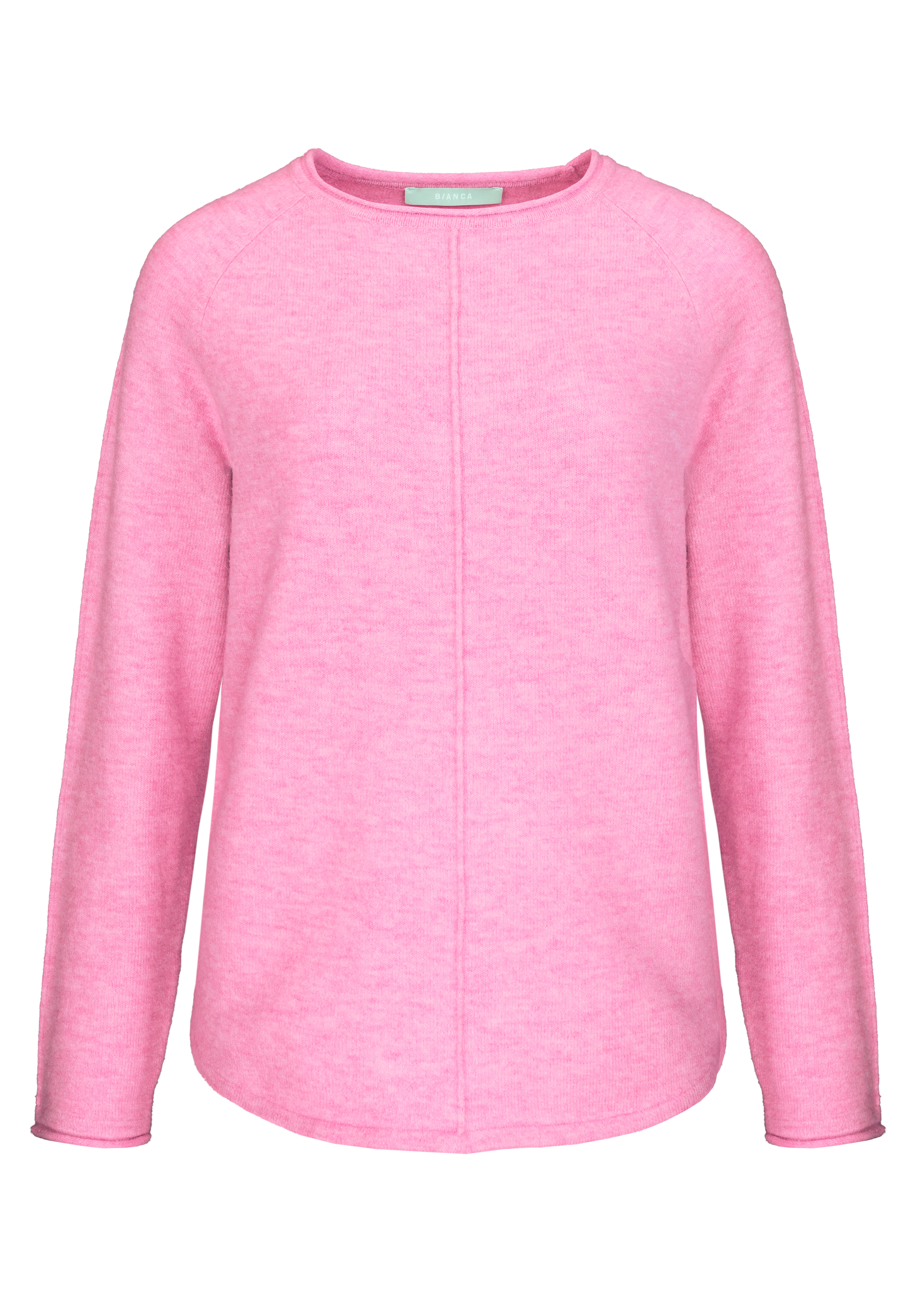 Langärmeliger, hellrosa Pullover mit Rundhalsausschnitt und einem Saum in der vorderen Mitte. Der Pullover hat eine einfache, lockere Passform und einen leicht abgerundeten Saum.