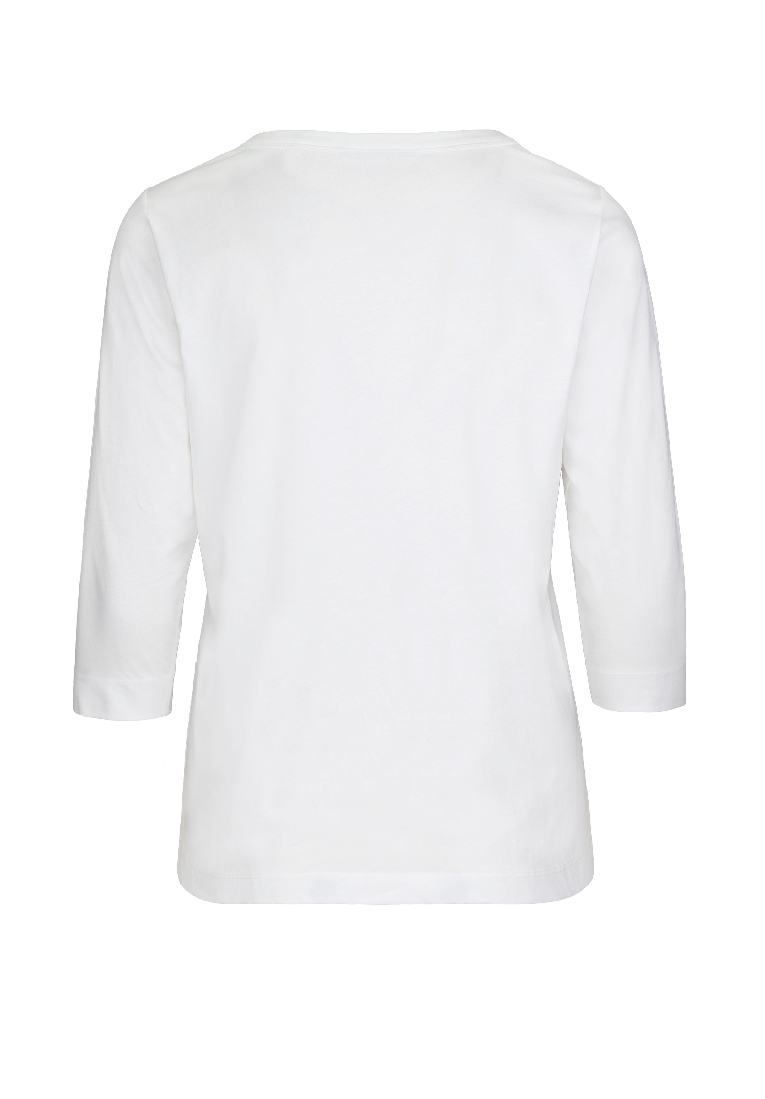 Rückansicht eines schlichten weißen, langärmeligen Hemdes mit Rundhalsausschnitt. Das Hemd hat ein einfaches und klares Design ohne sichtbare Muster oder Logos.