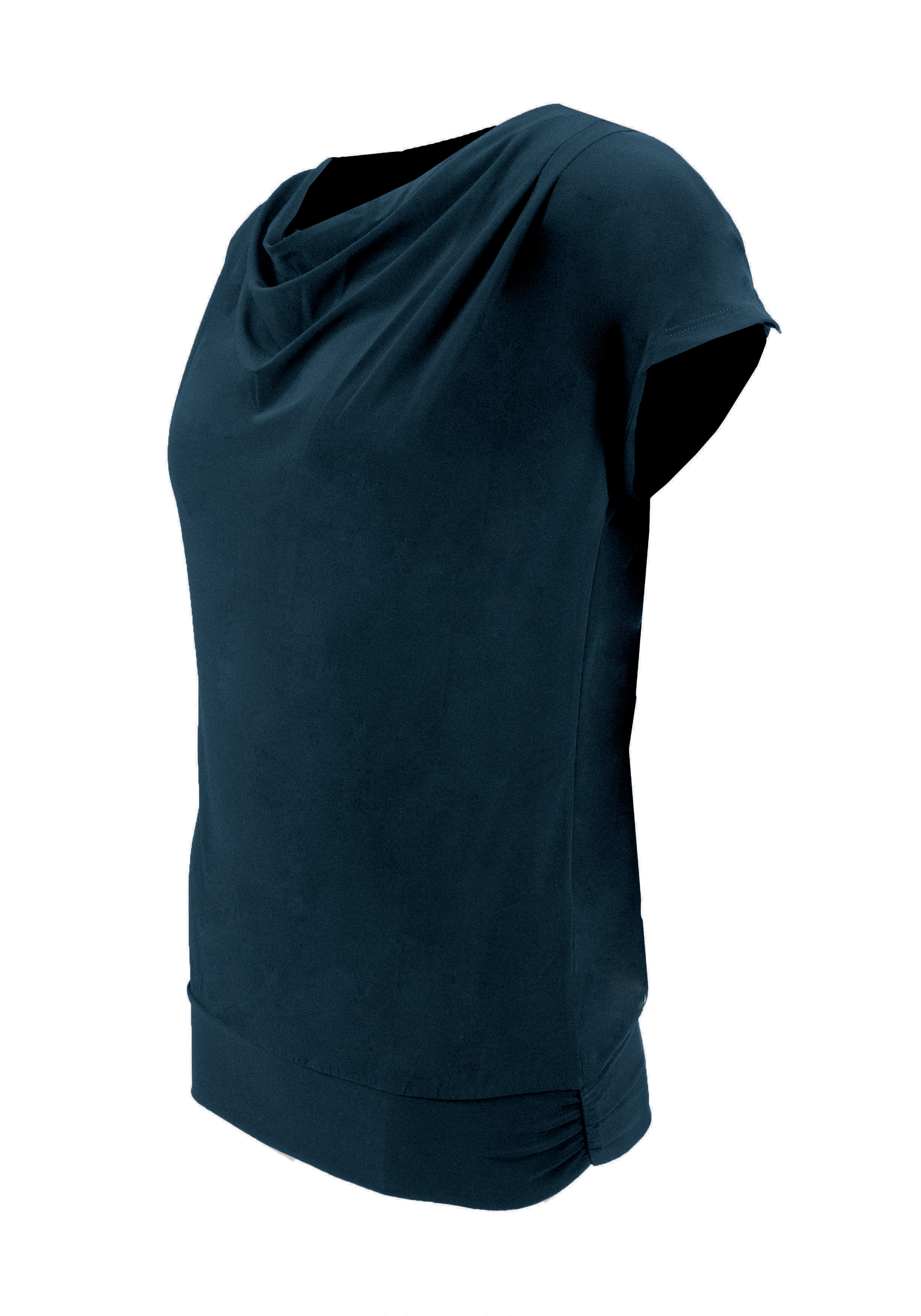 Marineblaue Kurzarmbluse mit drapiertem Cowl-Ausschnitt und lockerer, lässiger Passform, abgebildet vor einem schlichten weißen Hintergrund.