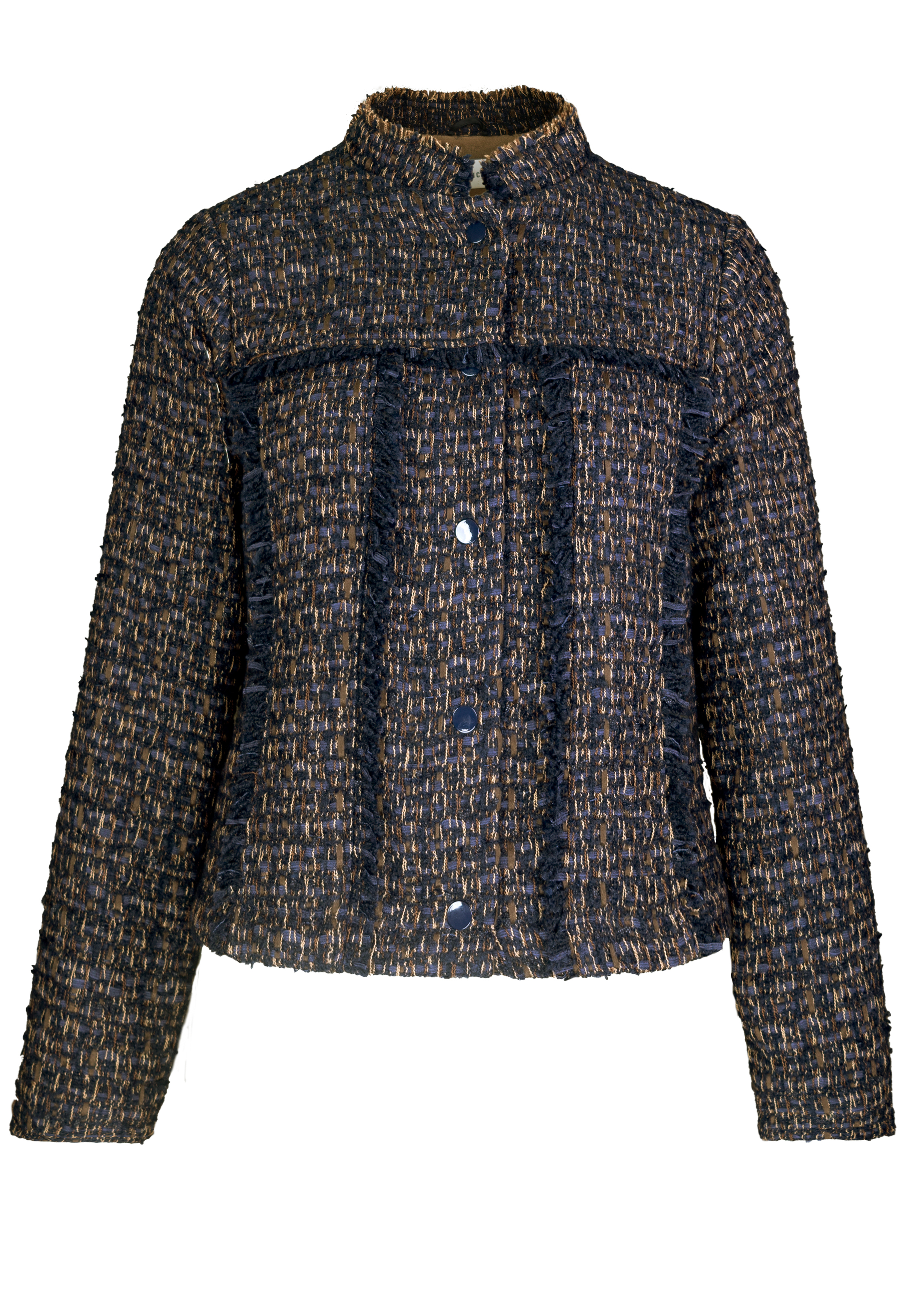 Gekürzte, langärmelige Tweedjacke in Marine- und Brauntönen mit Rundkragen, Knöpfen vorne und strukturiertem Stoff. Die Jacke hat ein strukturiertes Design und sichtbare vertikale und horizontale Nähte.