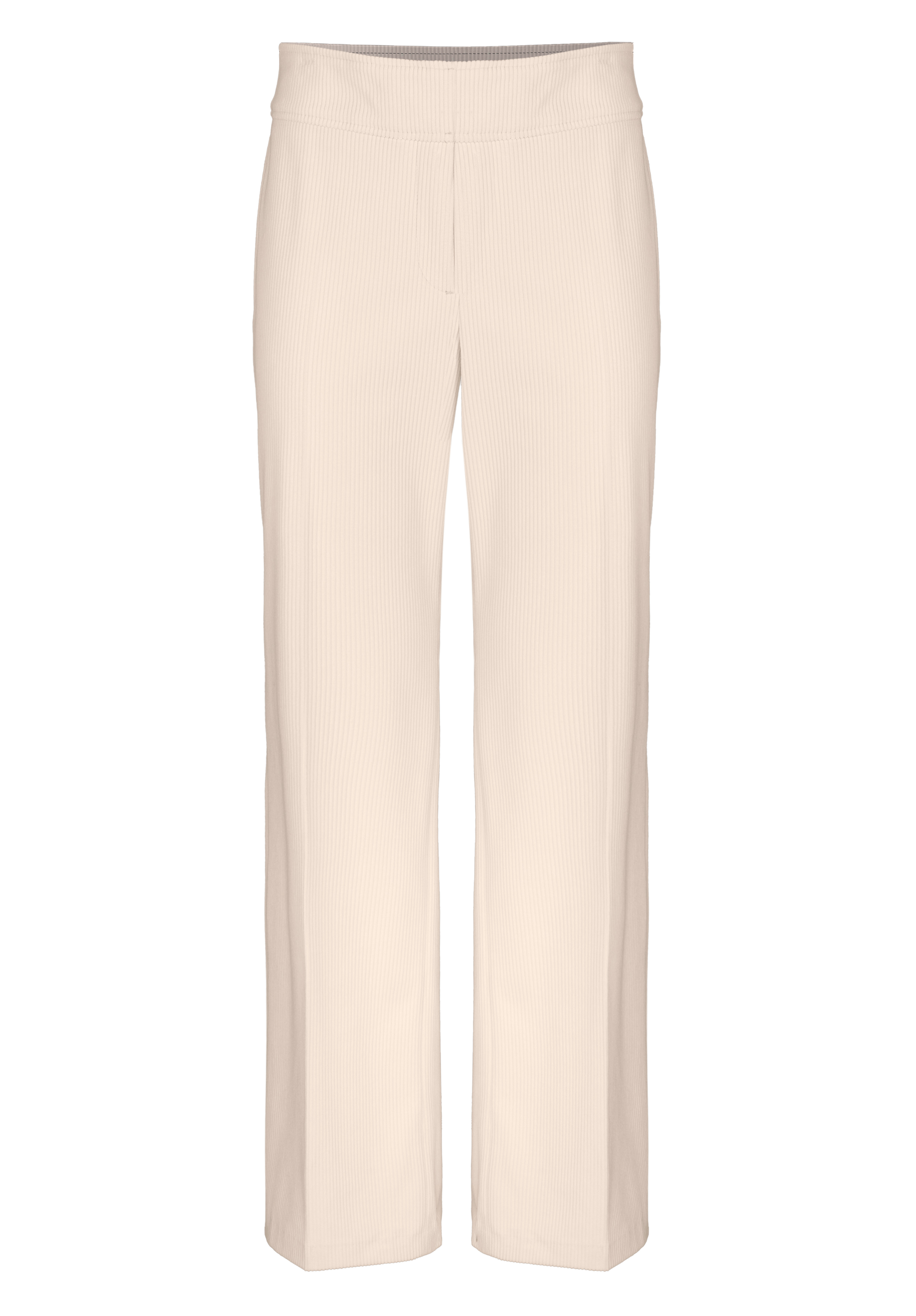 Eine beige Hose mit geradem Bein, dezenter Rippstruktur, hoher Taille und ohne sichtbare Taschen oder Verschlüsse, auf weißem Hintergrund.