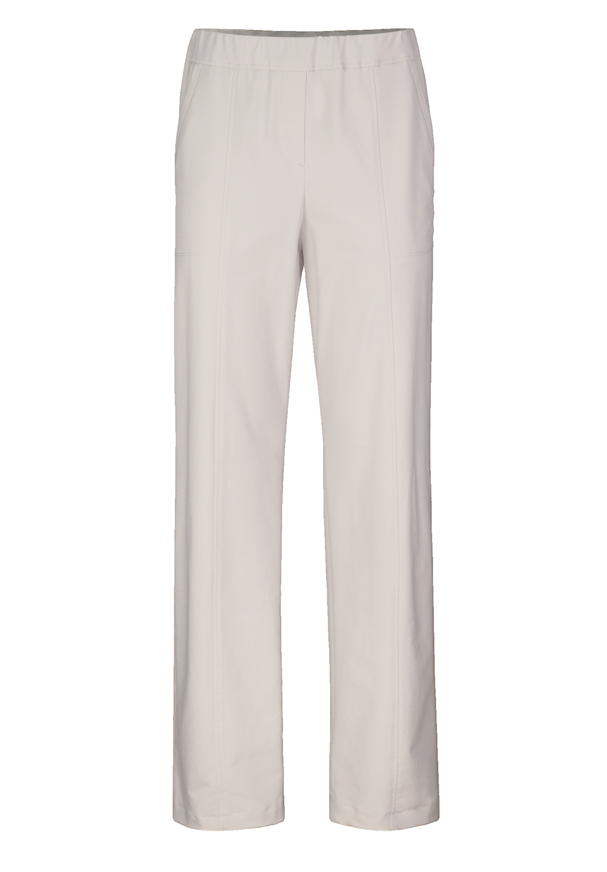 Hellbeige Hose mit geradem Bein, elastischem Bund und Seitentaschen vor weißem Hintergrund.