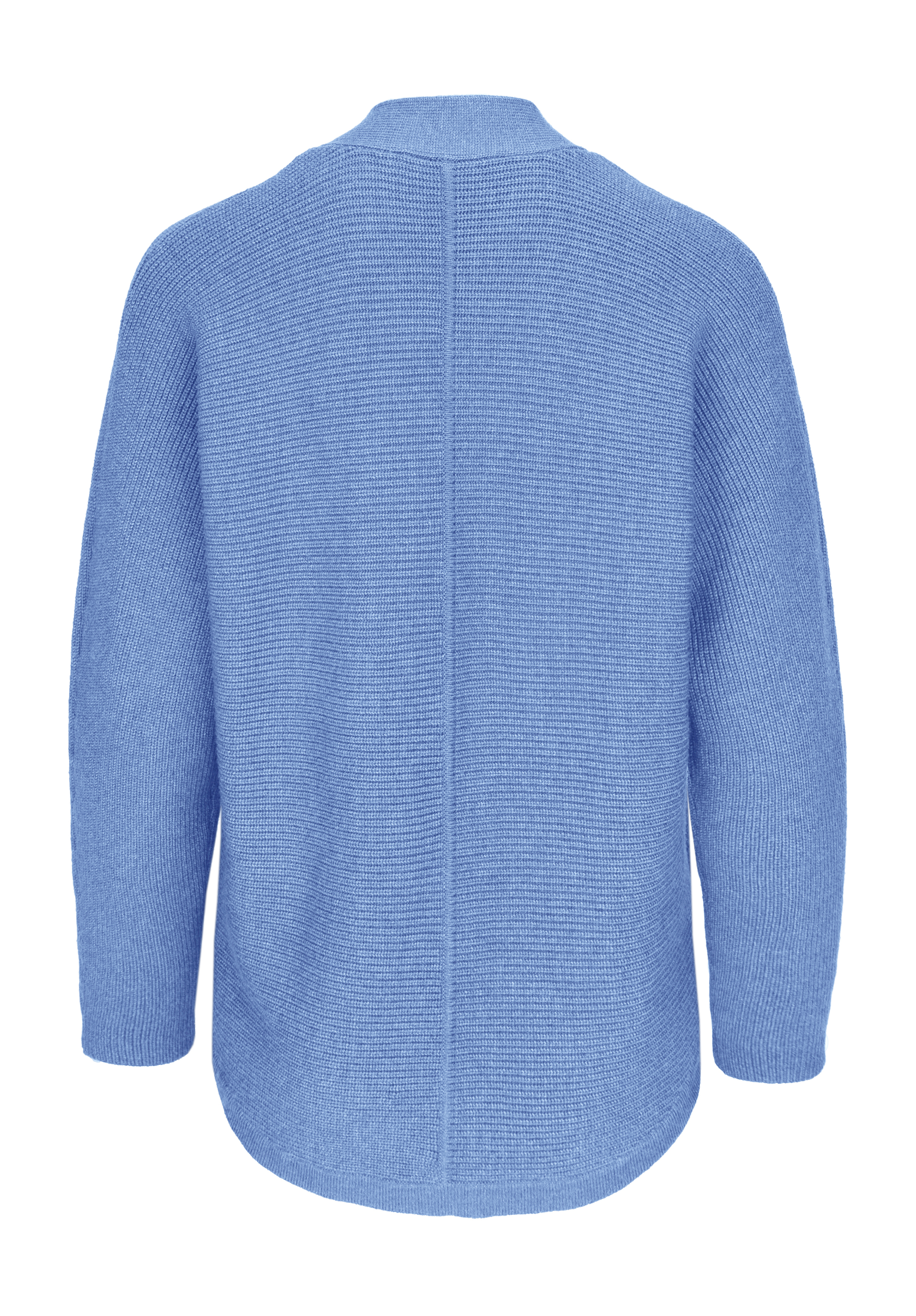 Ein hellblauer, langärmeliger Pullover aus strukturiertem Strick, hier von hinten gezeigt, mit einer vertikalen Naht in der Mitte und einem abgerundeten Saum.