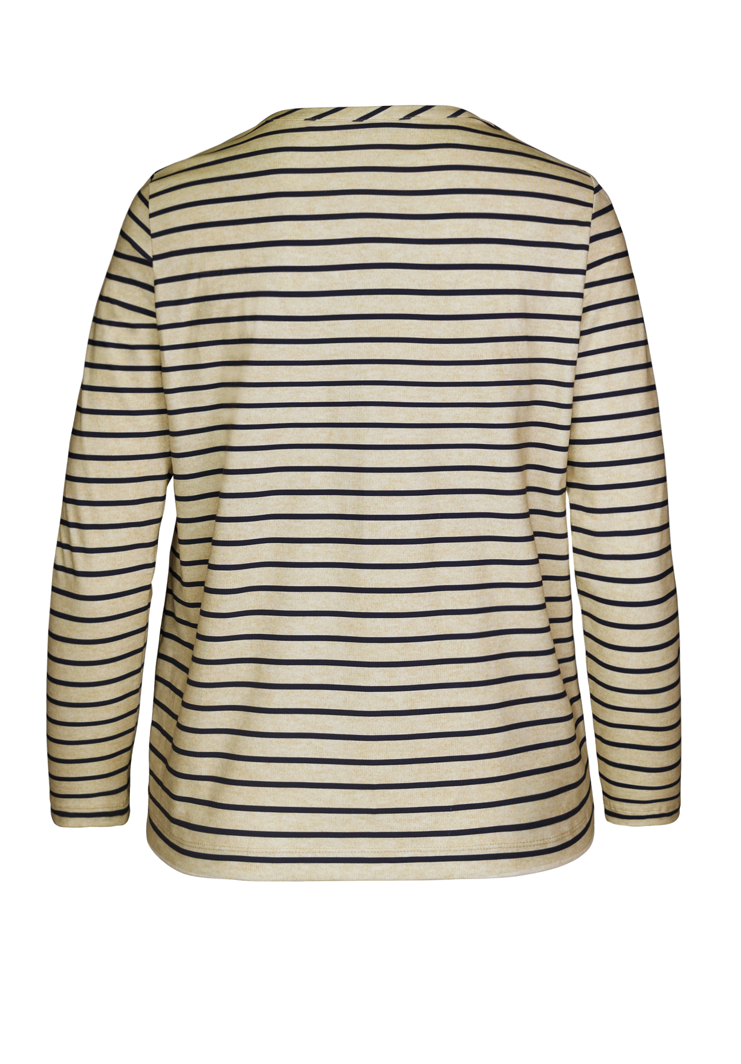 Ein langärmeliges Hemd mit schwarzen Querstreifen auf cremefarbenem Hintergrund, von hinten vor weißem Hintergrund dargestellt.