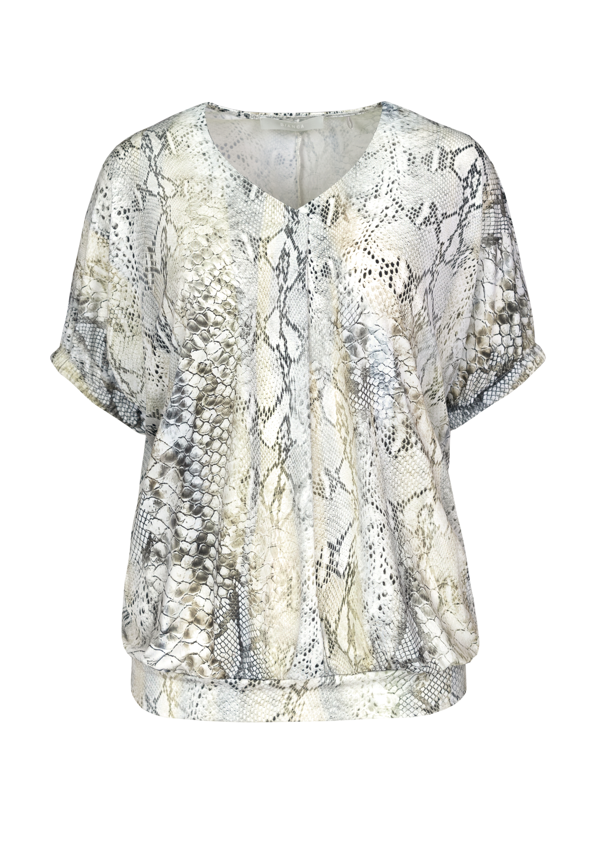 Kurzärmlige, locker sitzende Bluse mit grau-beigem Schlangenhaut-Print, V-Ausschnitt und gerafftem Bund.