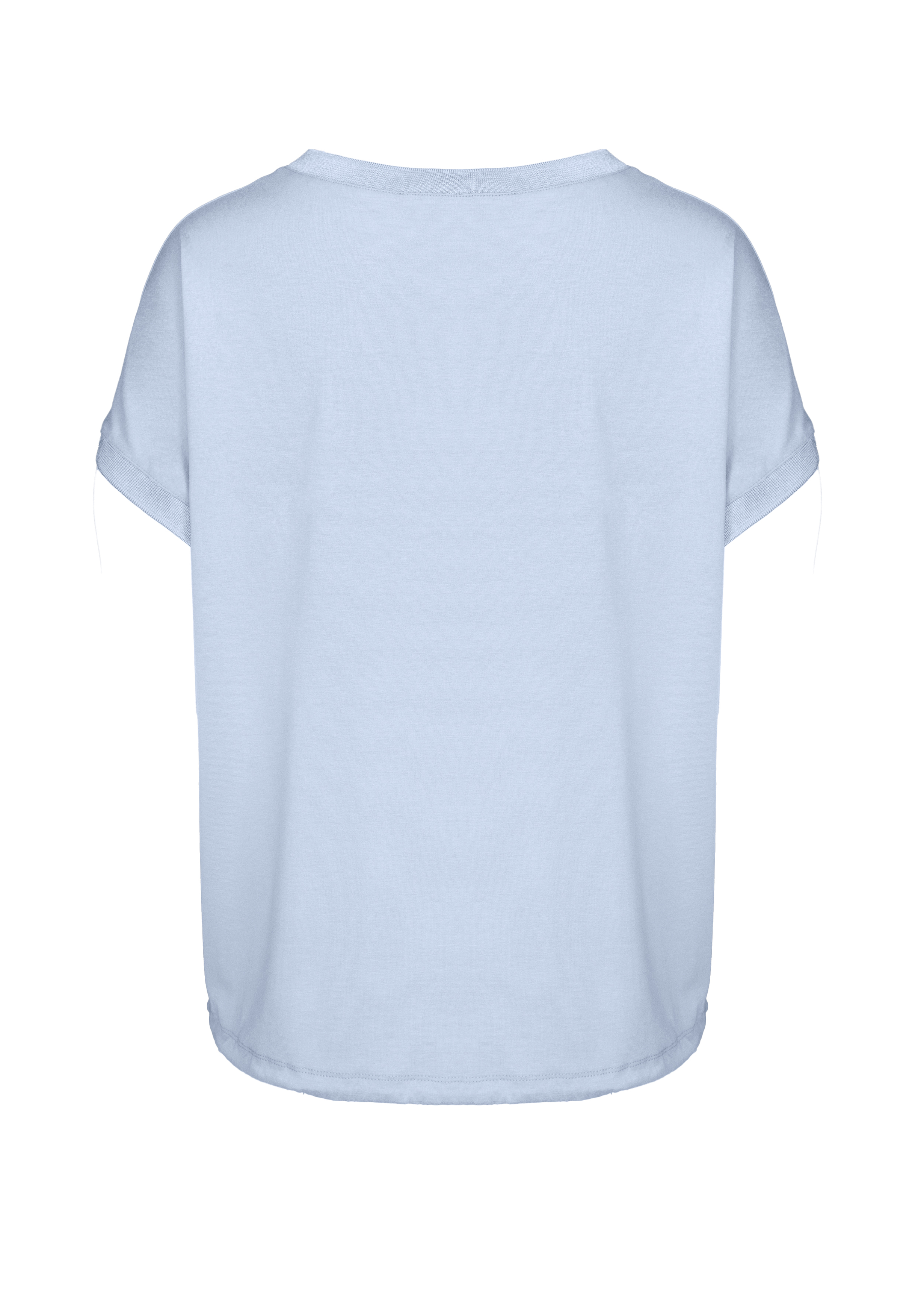 Rückansicht eines schlichten, hellblauen Kurzarm-T-Shirts mit Rundhalsausschnitt, abgebildet auf weißem Hintergrund.