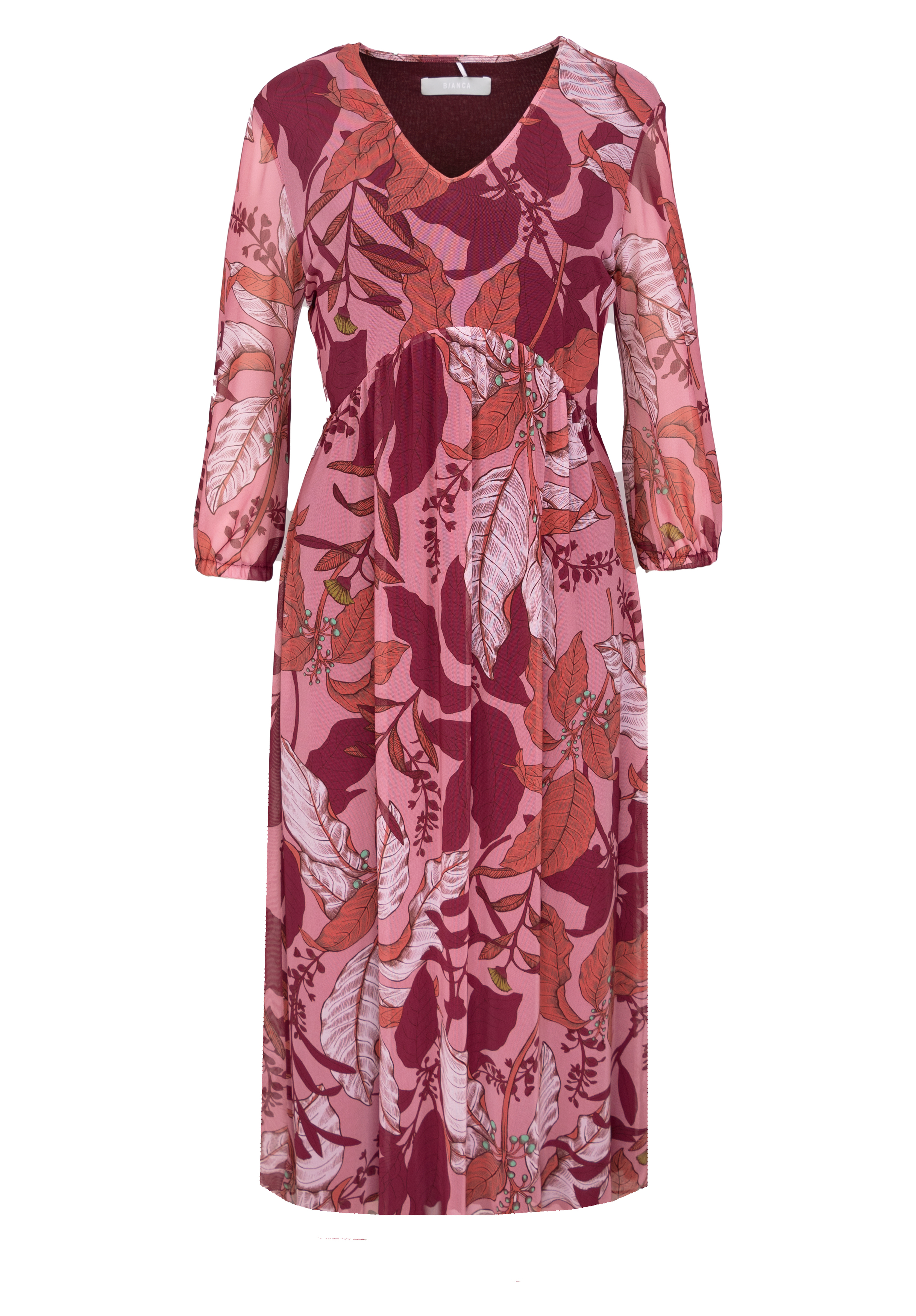 Ein knielanges Kleid mit V-Ausschnitt, Dreiviertelärmeln und geraffter Taille, mit einem rosa, burgunderroten und rostfarbenen Blattmuster.