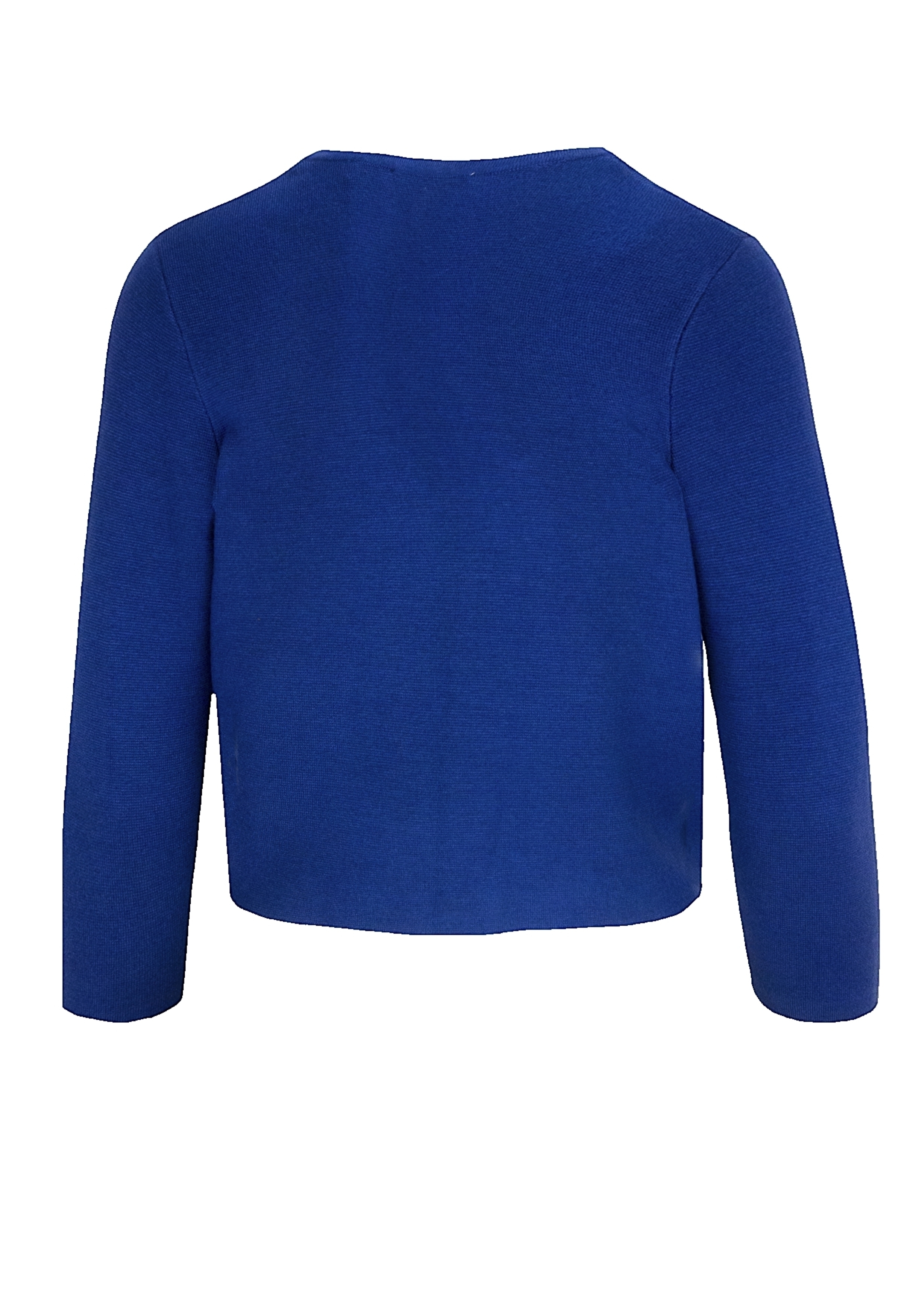 Eine schlichte, langärmelige, königsblaue Jacke von hinten, mit einem einfachen, kragenlosen Ausschnitt und ohne sichtbare Verschlüsse oder Verzierungen.