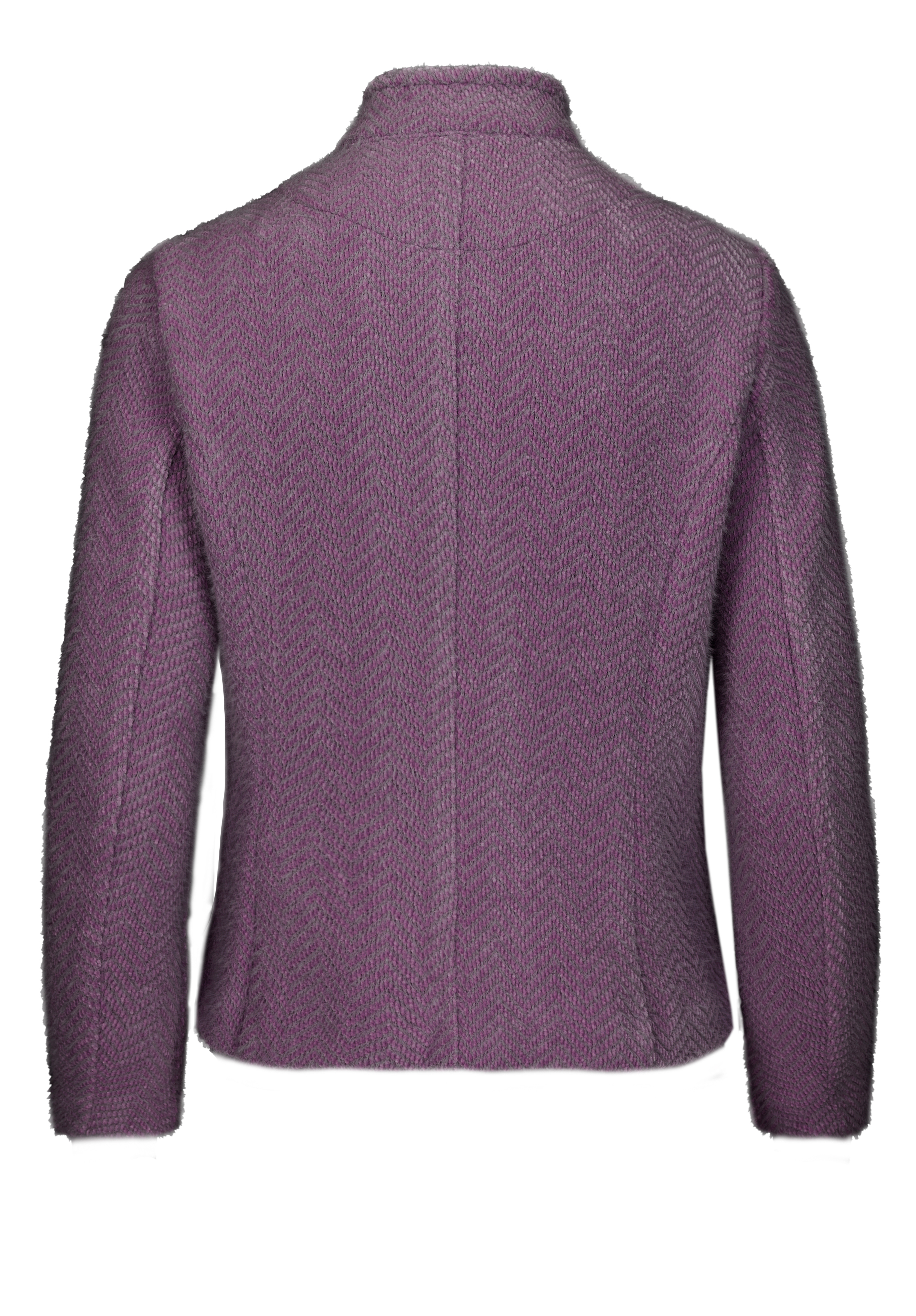 Rückenansicht eines langärmeligen, strukturierten lilafarbenen Blazers mit einer in der Mitte verlaufenden Naht und einem taillierten Schnitt. Die Jacke ist auf weißem Hintergrund abgebildet.