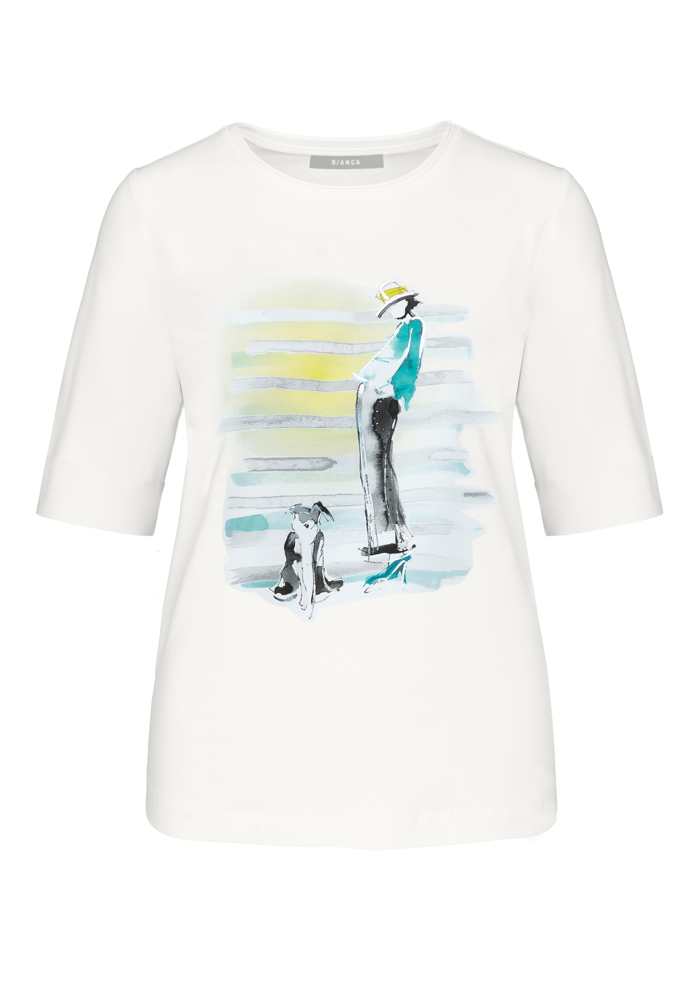 Weißes Kurzarmshirt mit einer künstlerischen Illustration einer Frau mit Hut, die neben einem sitzenden Hund steht, mit abstrakten blauen und gelben Hintergrundakzenten.