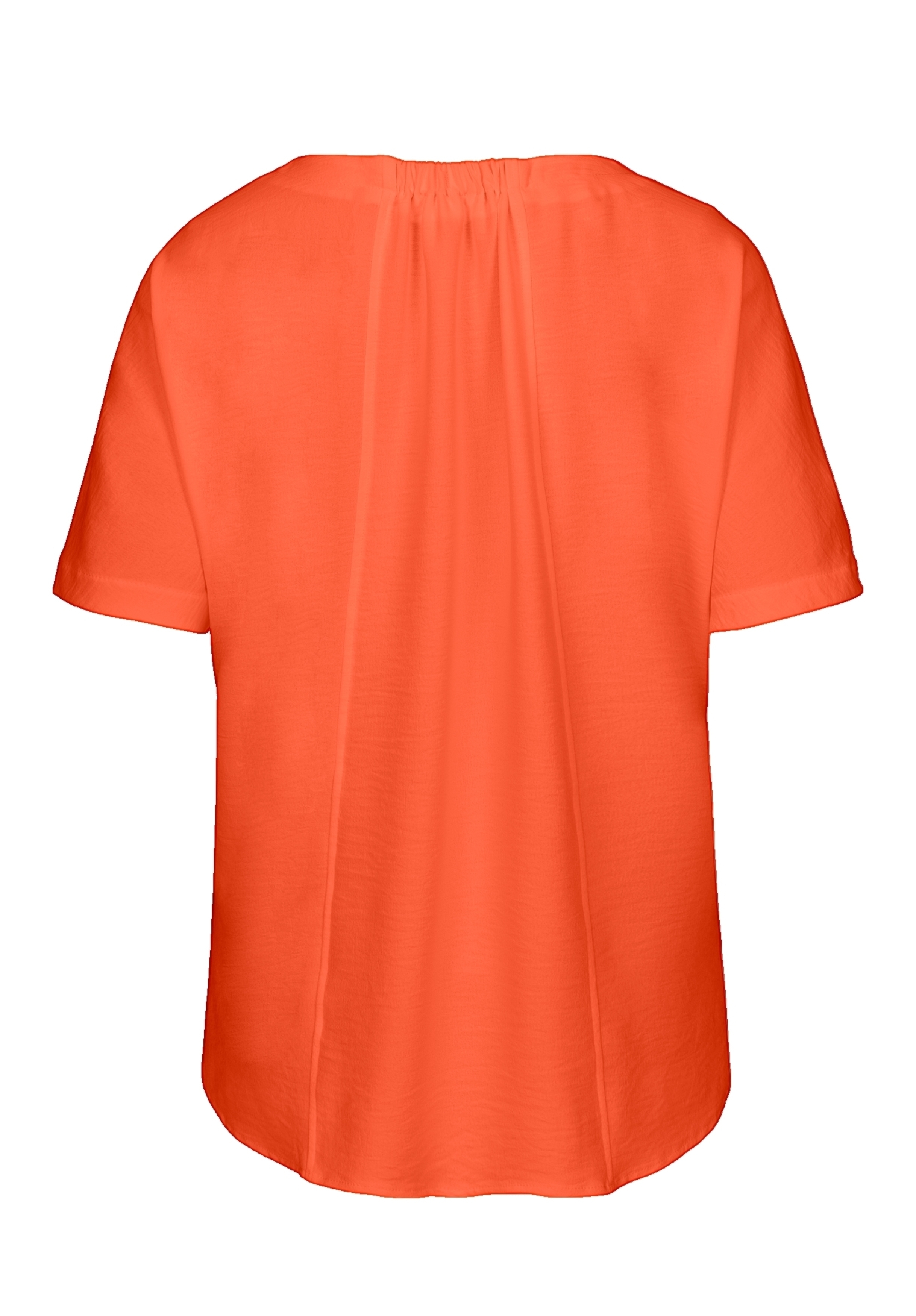 Rückansicht einer kurzärmeligen, locker sitzenden orangefarbenen Bluse mit gerafftem Ausschnitt und schlichtem, fließendem Design.