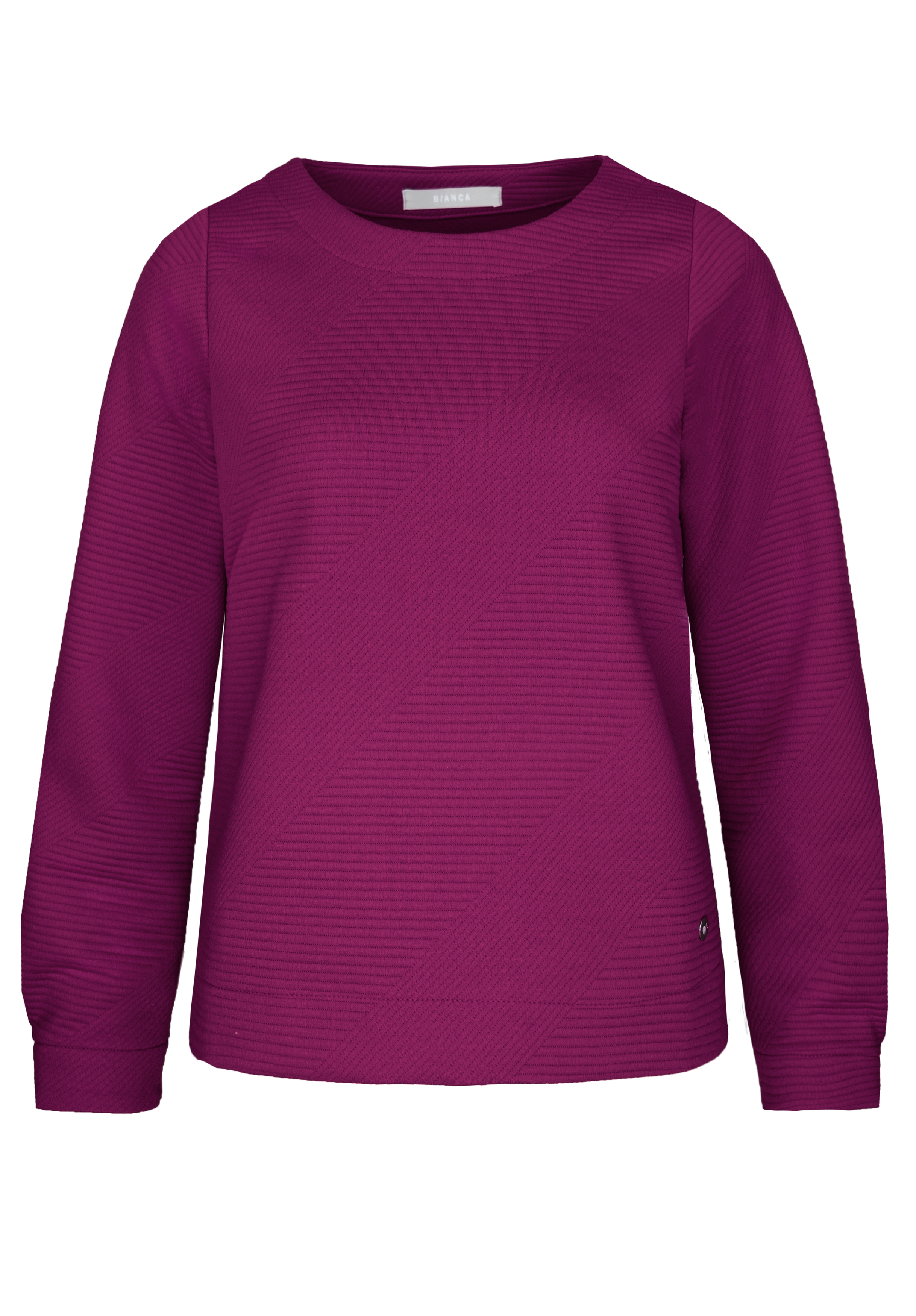 Langarmshirt AIGA Ein langärmeliger, violetter Pullover mit Rundhalsausschnitt und einem dezenten diagonalen Strukturmuster auf schlichtem weißem Hintergrund.