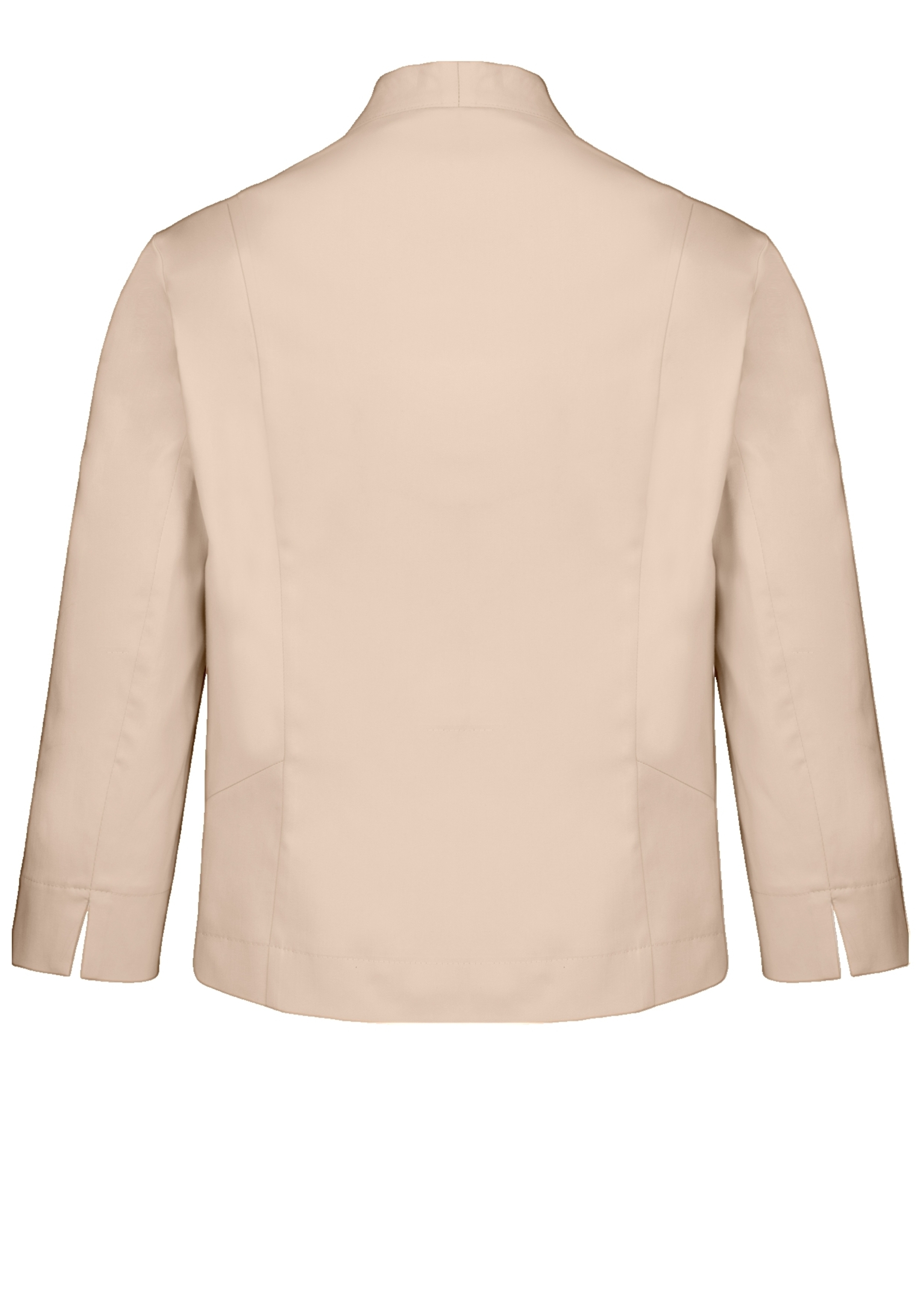 Rückansicht eines beigen Blazers mit langen Ärmeln, Nahtdetails und kleinen Schlitzen an den Manschetten. Die Jacke ist auf weißem Hintergrund abgebildet.