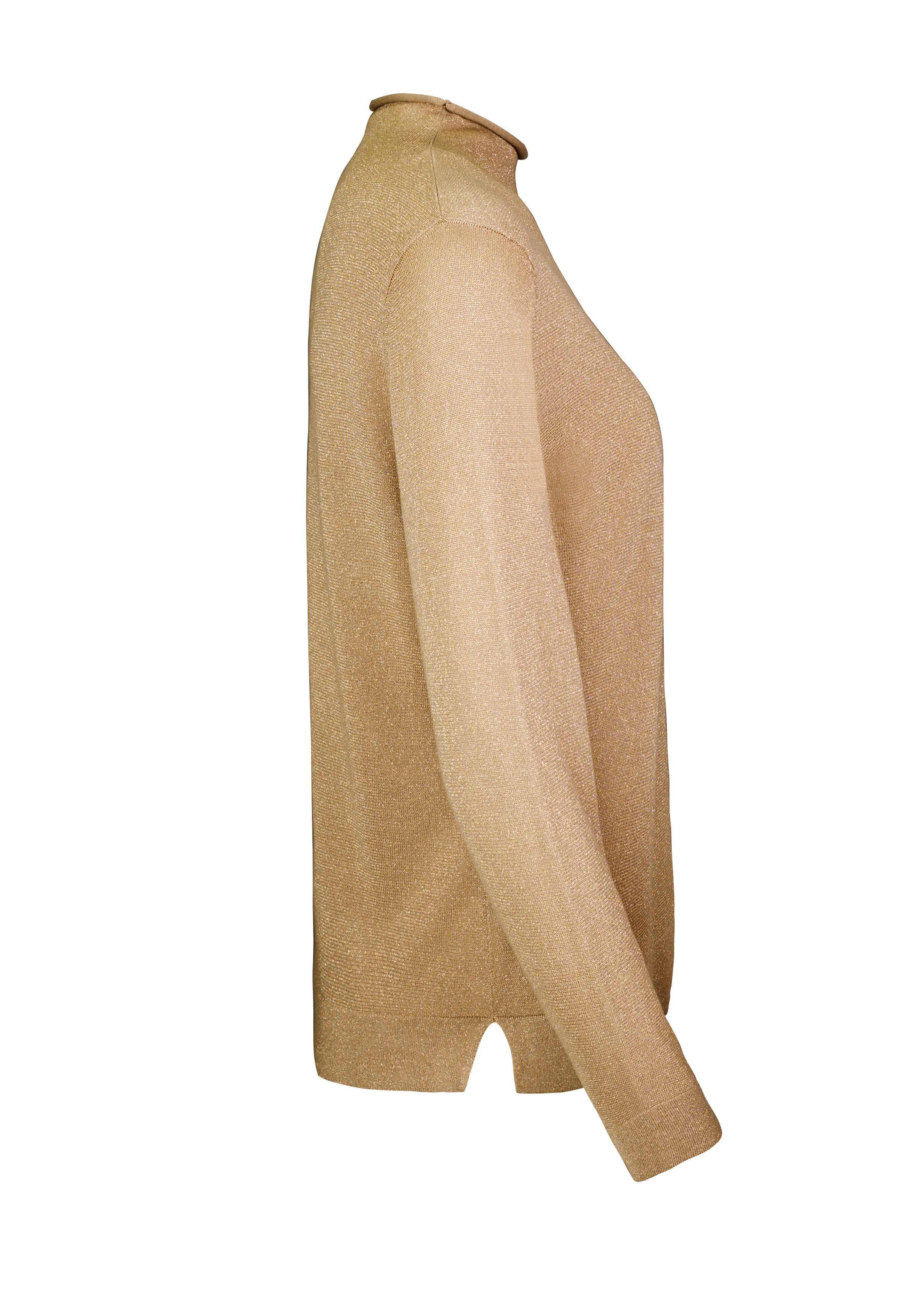 Ein hellbrauner, langärmeliger Strickpullover mit Rundhalsausschnitt, von der Seite vor weißem Hintergrund dargestellt.