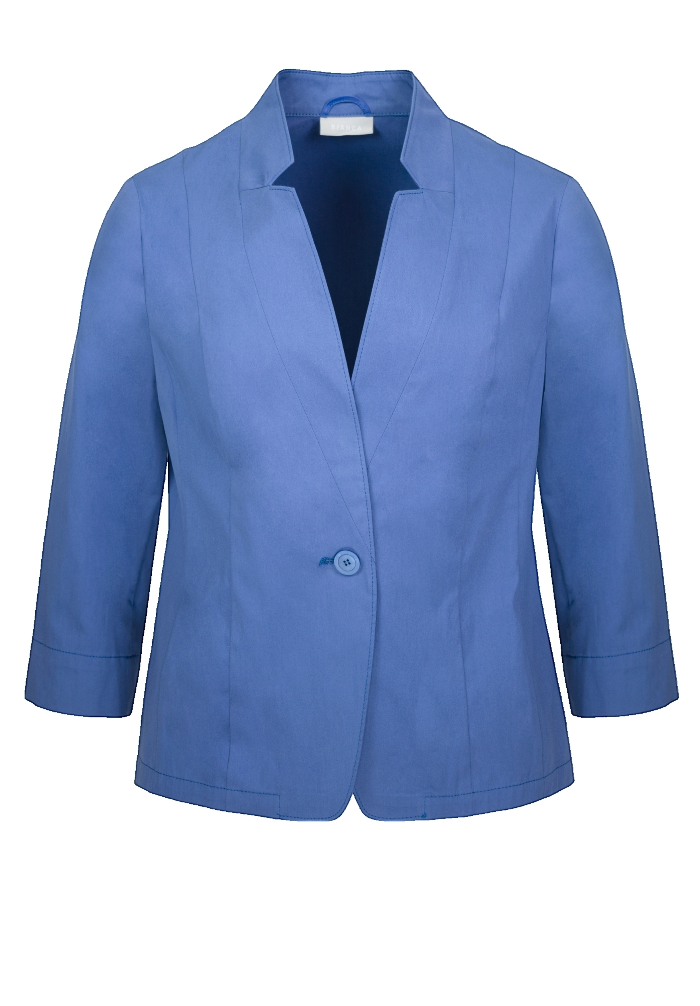 Ein hellblauer Blazer mit Dreiviertelärmeln, einem Knopfverschluss und Revers auf schlichtem weißem Hintergrund.