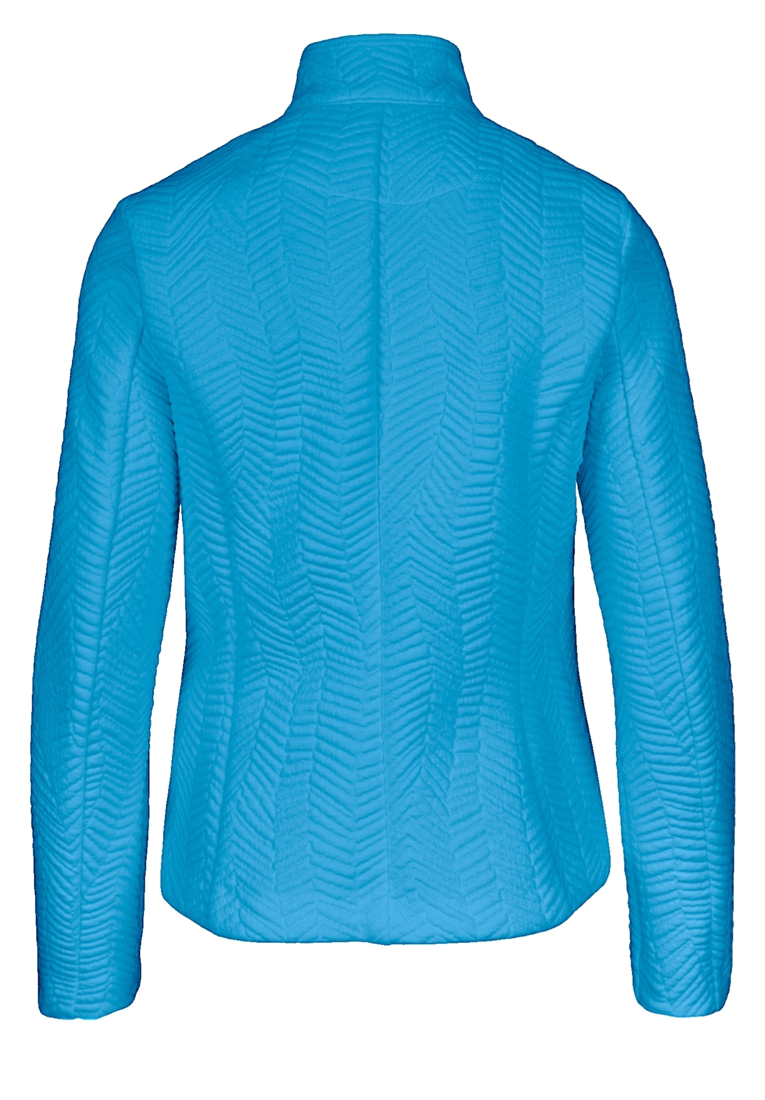 Eine leuchtend blaue Strukturjacke mit langen Ärmeln und hohem Kragen, von hinten abgebildet. Der Stoff weist ein dezentes, geometrisches Muster auf.