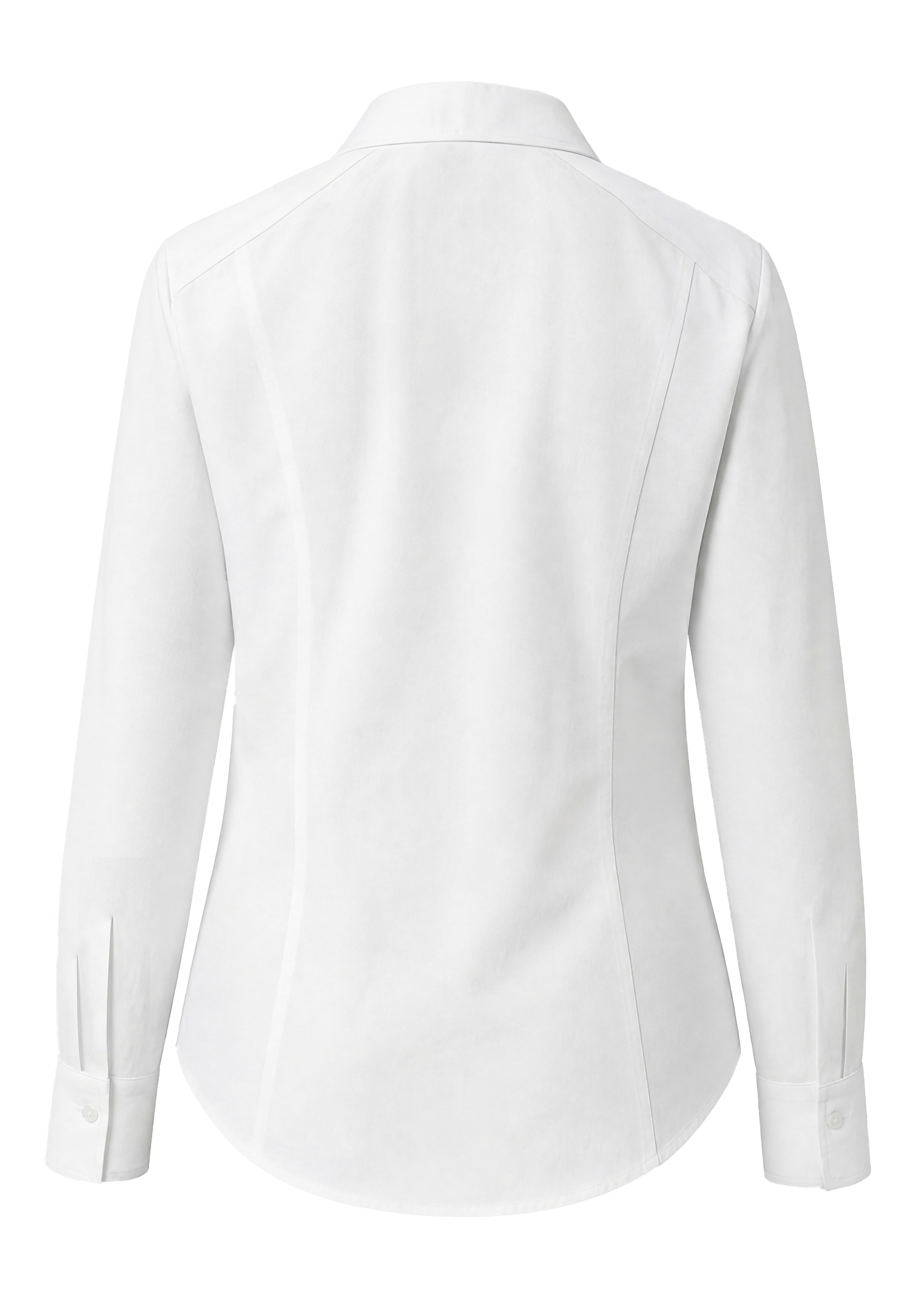 Eine weiße, langärmelige Bluse mit Kragen, von hinten gesehen. Die Bluse hat einen geschwungenen Saum, taillierte Nähte und geknöpfte Manschetten.