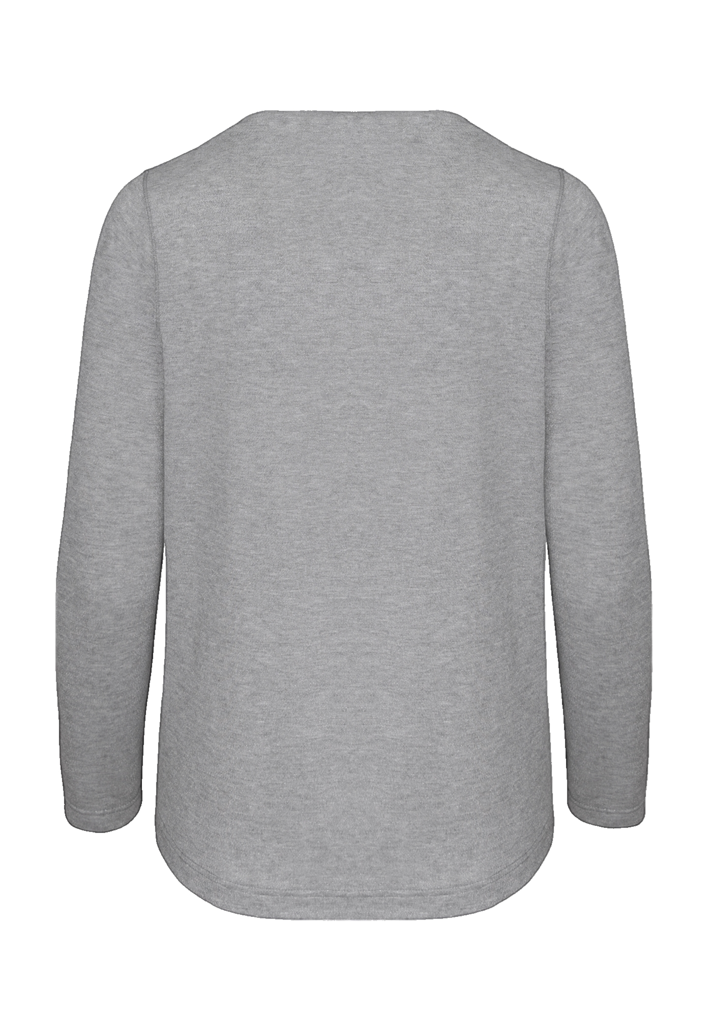 Ein schlichtes, hellgraues Langarmshirt von hinten. Das Shirt hat einen schlichten Rundhalsausschnitt und keine sichtbaren Muster, Logos oder Designs.
