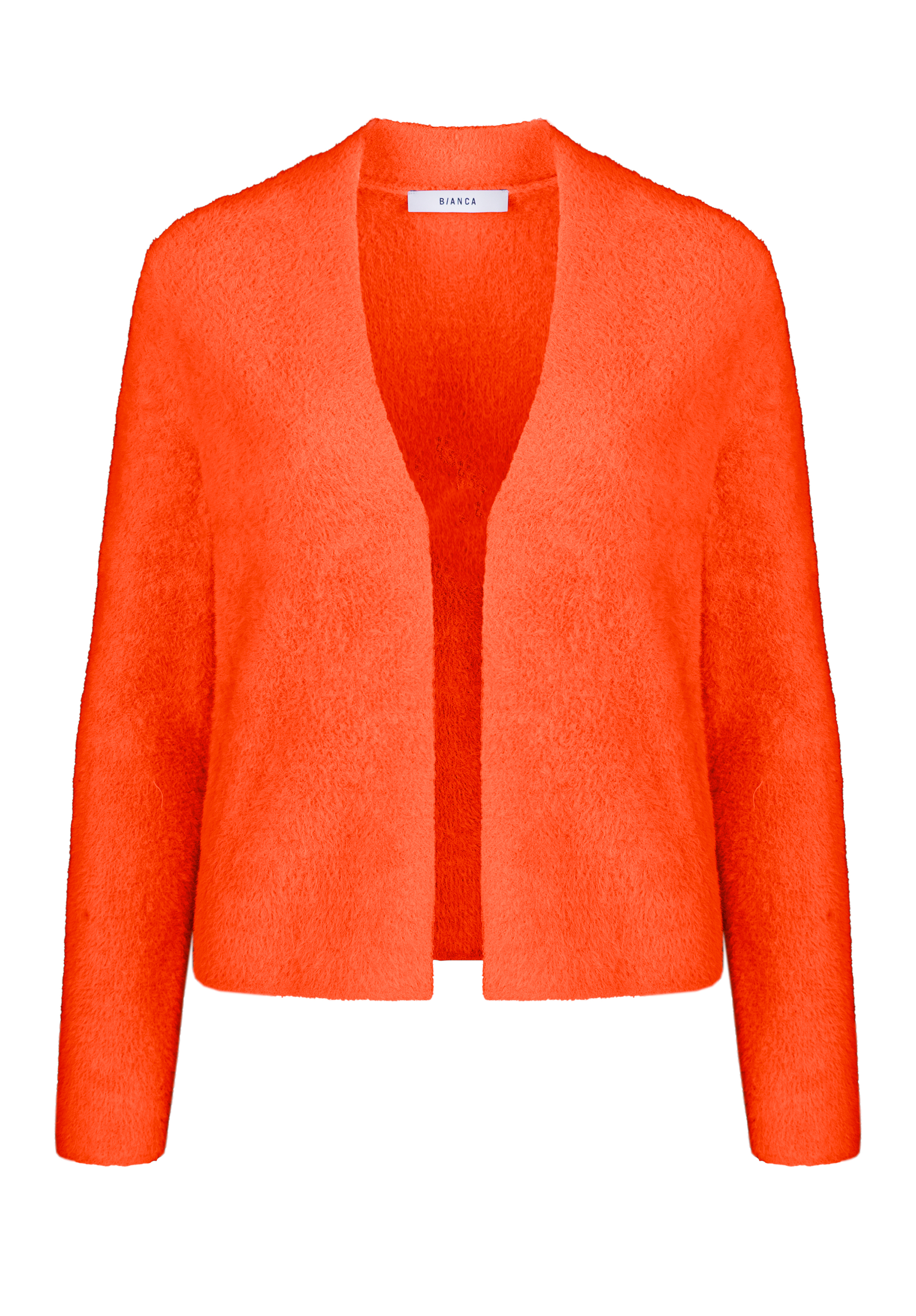 Leuchtend orangefarbene, flockig strukturierte, langärmelige, vorne offene Strickjacke mit kragenlosem Ausschnitt. Das Markenlabel BIANCA ist hinten im Nacken sichtbar. Die Strickjacke hat eine kurze Passform.