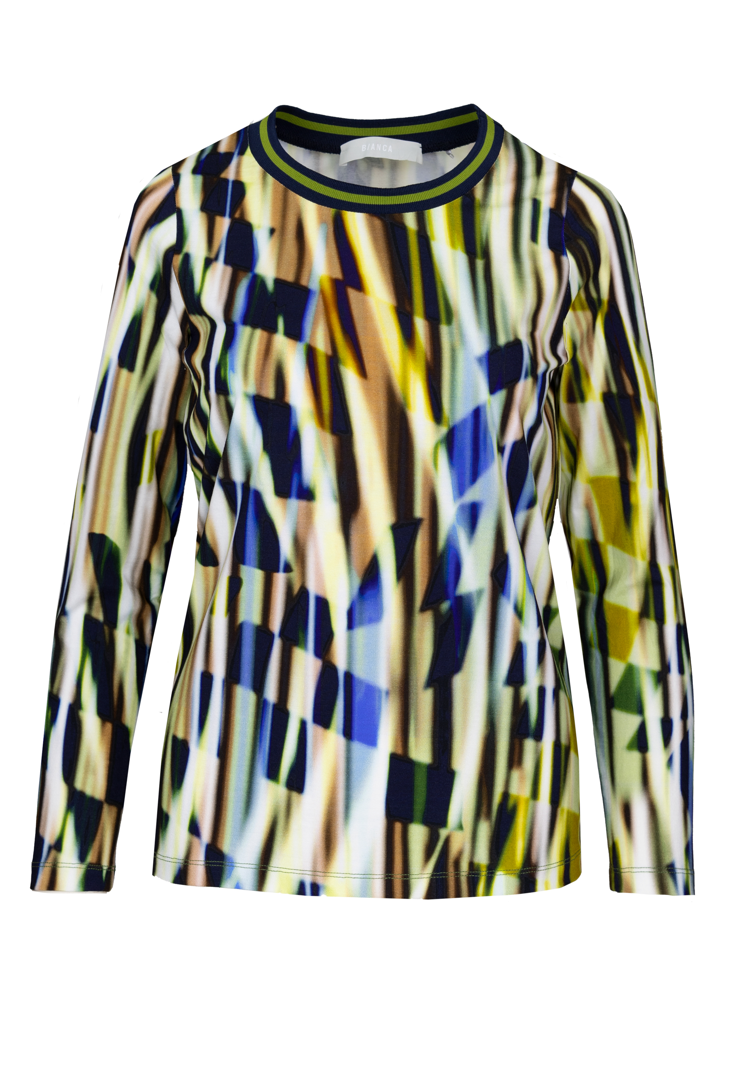 Print-Shirt DAMI Langärmliges Oberteil mit abstraktem geometrischem Druck in Gelb-, Blau-, Schwarz- und Weißtönen, mit rundem Ausschnitt und taillierter Passform.