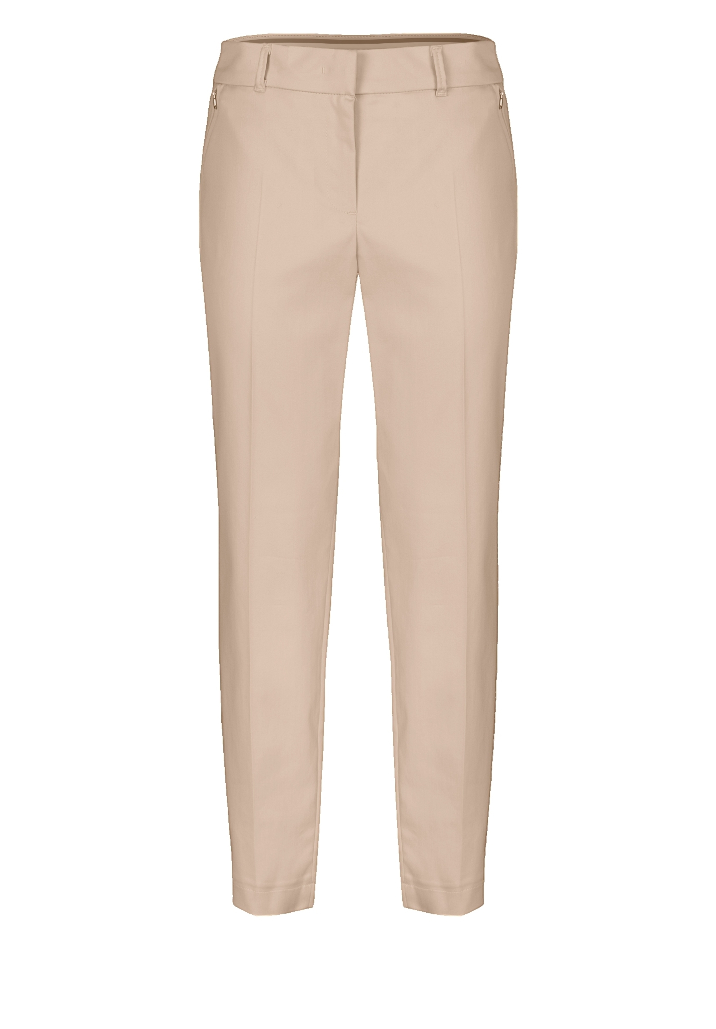 Beigefarbene, schmal geschnittene Anzughose mit flacher Vorderseite, Gürtelschlaufen und Seitentaschen auf weißem Hintergrund.