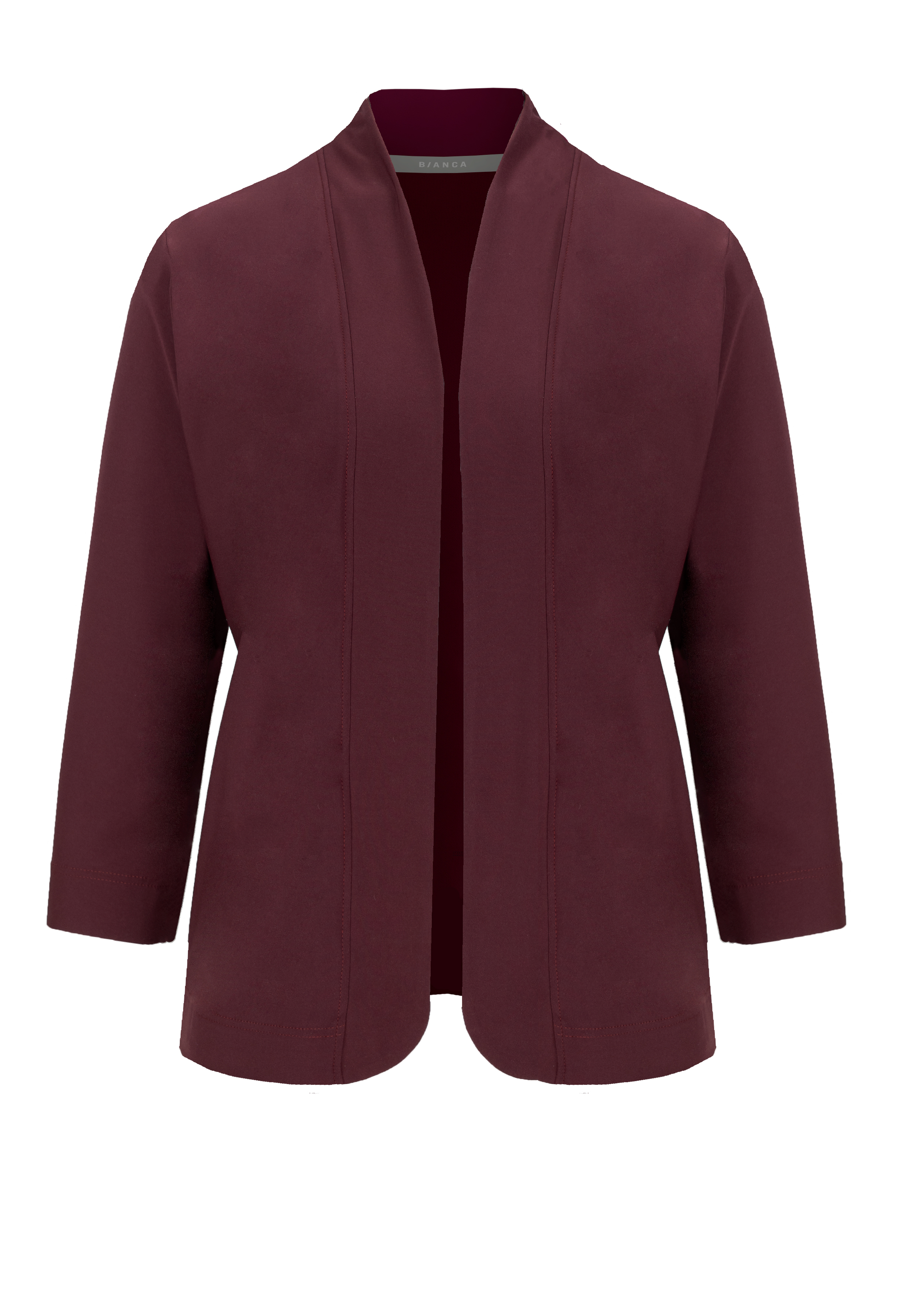 Eine kastanienbraune, kragenlose Strickjacke mit offener Vorderseite, langen Ärmeln und lockerer Passform, abgebildet auf einem schlichten weißen Hintergrund.