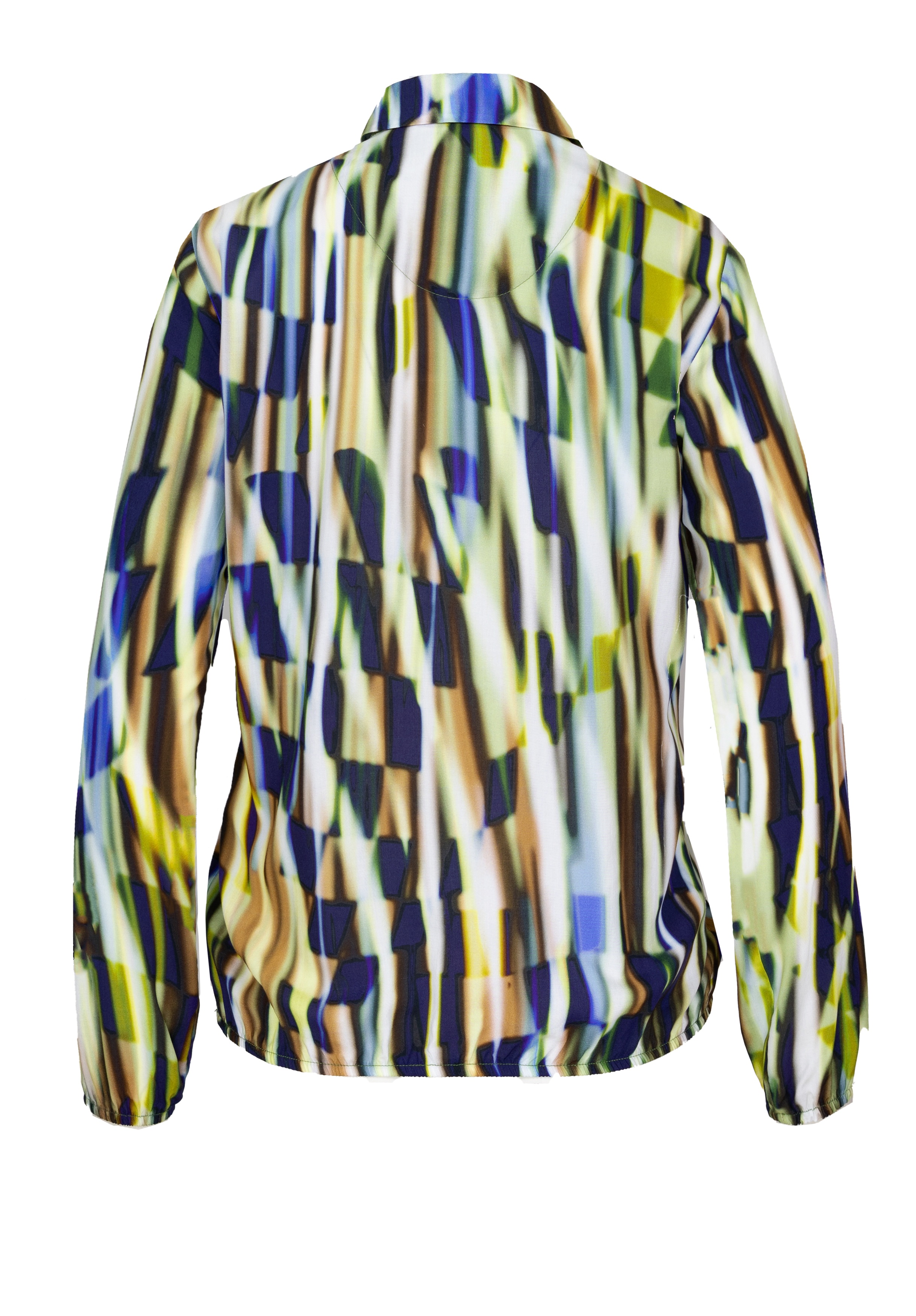 Eine Langarmjacke mit einem farbenfrohen abstrakten geometrischen Muster in Blau-, Grün-, Gelb- und Brauntönen, das von hinten auf weißem Hintergrund abgebildet ist.