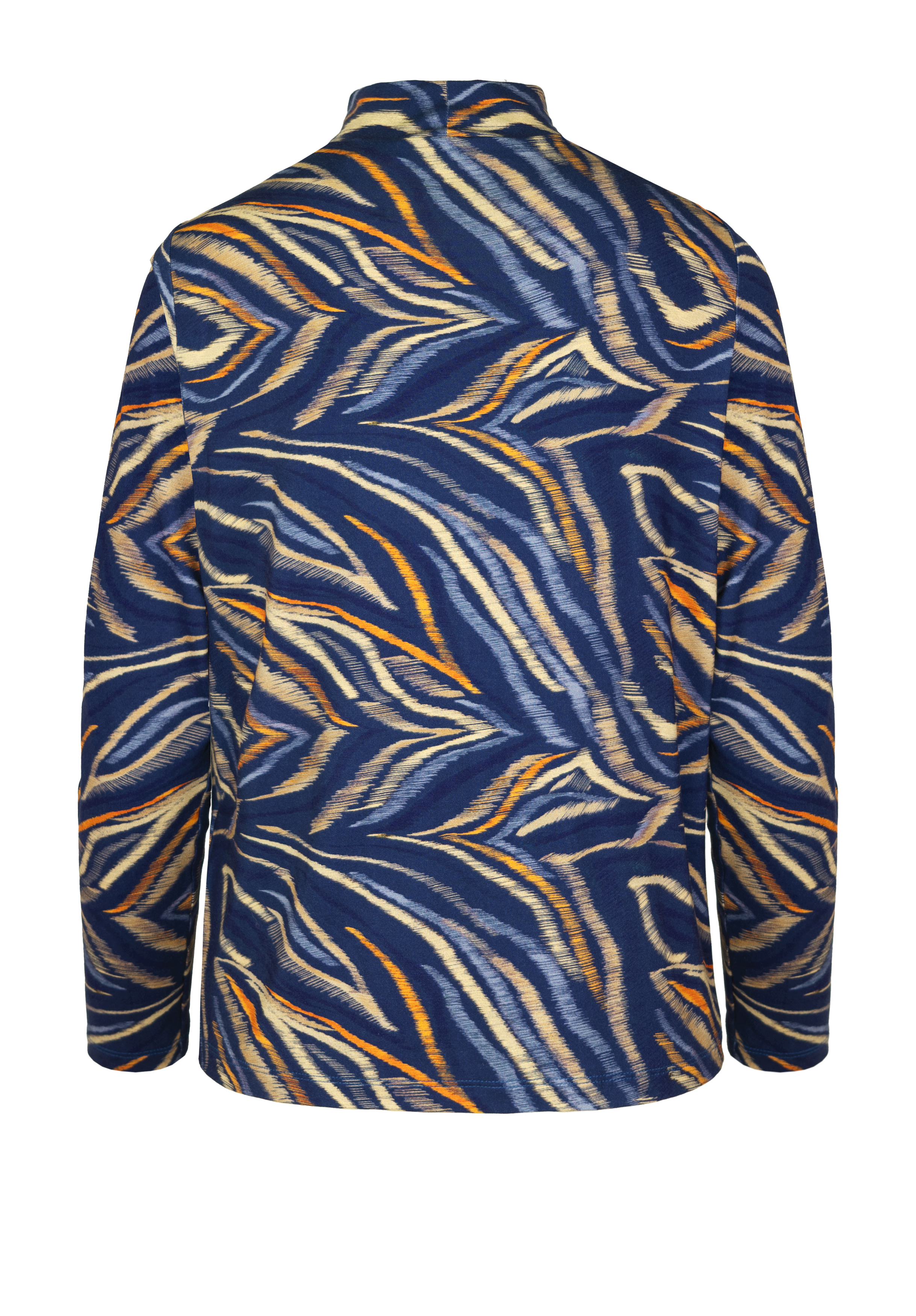 Eine langärmelige Jacke mit einem kräftigen, mehrfarbigen abstrakten Muster in Blau, Marineblau, Beige und Orange, von hinten gesehen. Das Muster besteht aus wellenförmigen, pinselstrichartigen Linien.