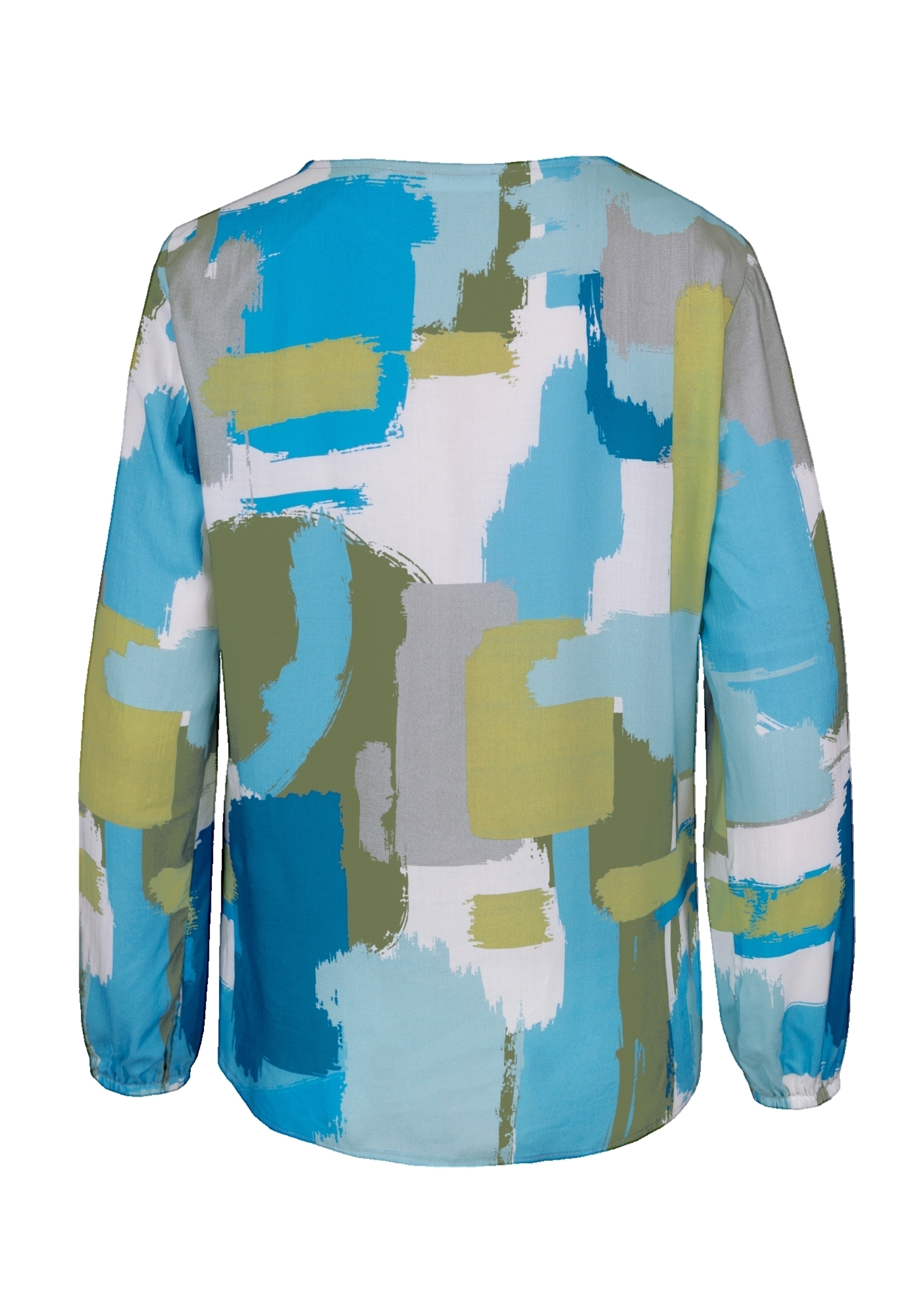 Eine Langarmbluse mit einem abstrakten Muster aus blauen, grünen, weißen und grauen Pinselstrichen, von hinten vor einem schlichten weißen Hintergrund gezeigt.