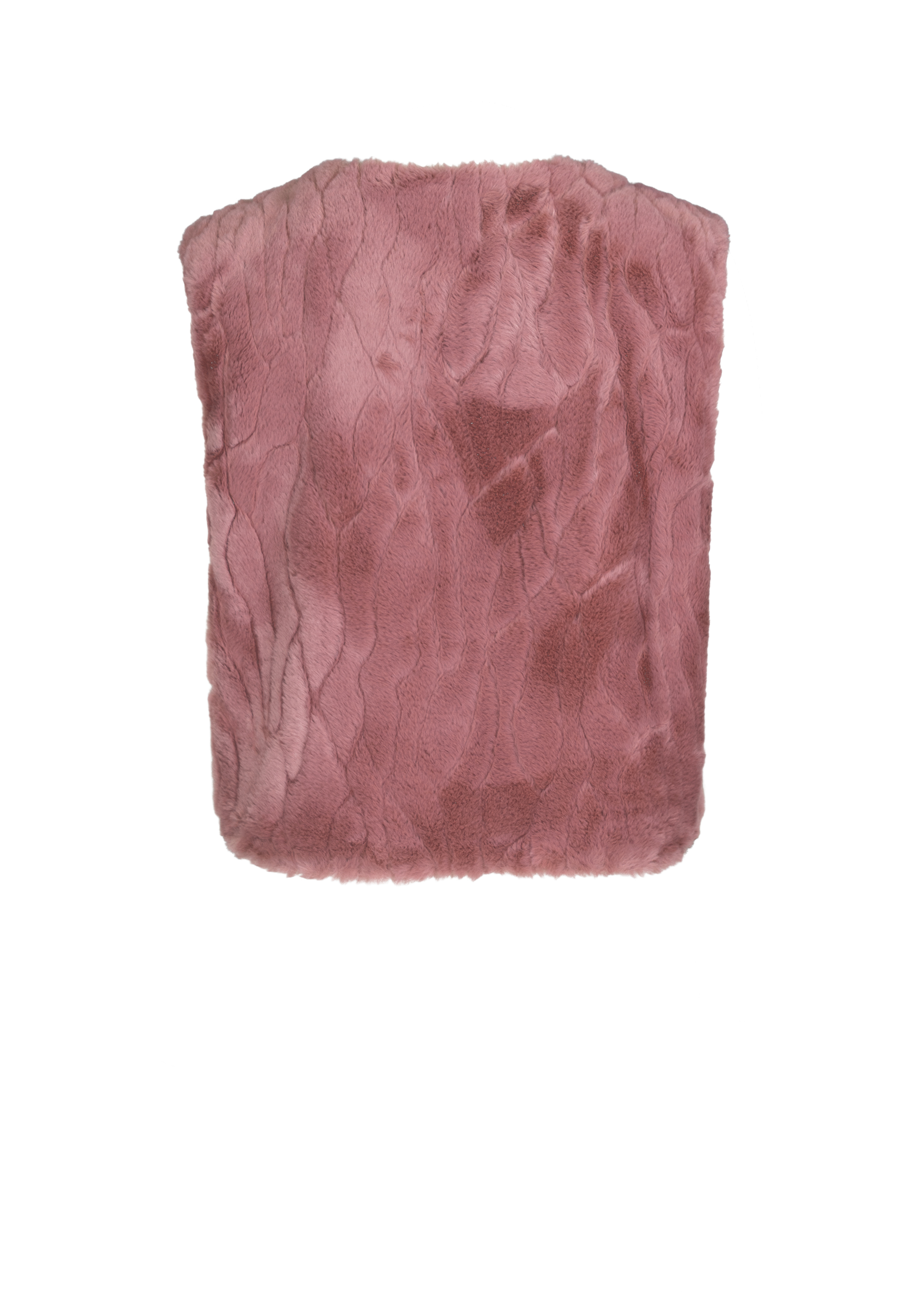 Ein weiches, rechteckiges Stück rosa Kunstpelz mit einem wellenförmigen, strukturierten Muster auf weißem Hintergrund.